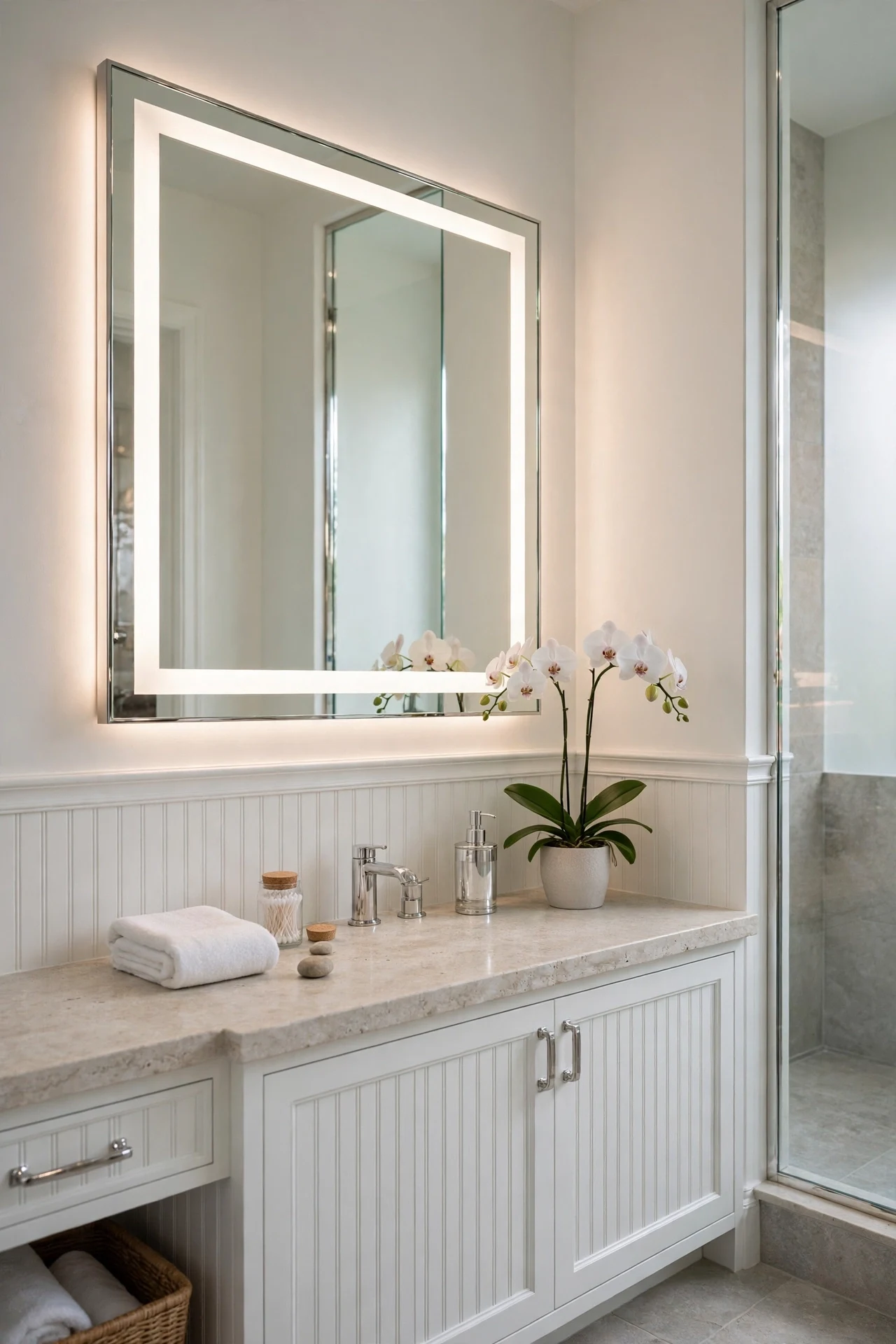 Backlit Mirror Light Over Bathroom Beadboard