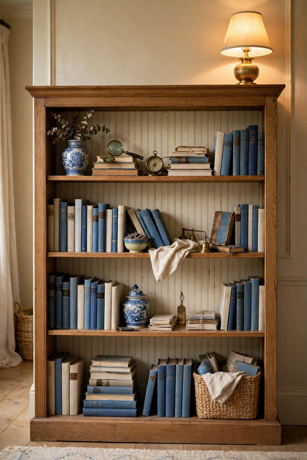 Beadboard-Backed Bookcase in a Living Room