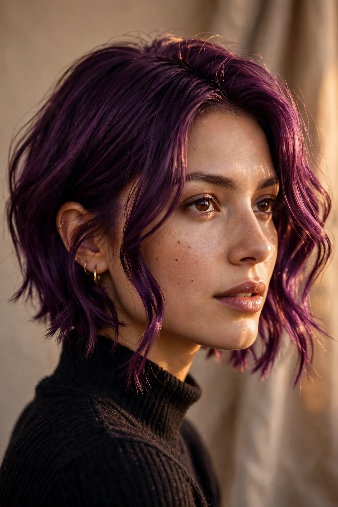 Deep plum colour bixie cut