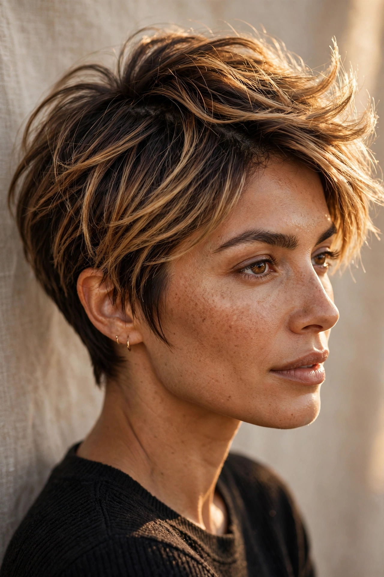 Balayage pixie with dark root to blonde
