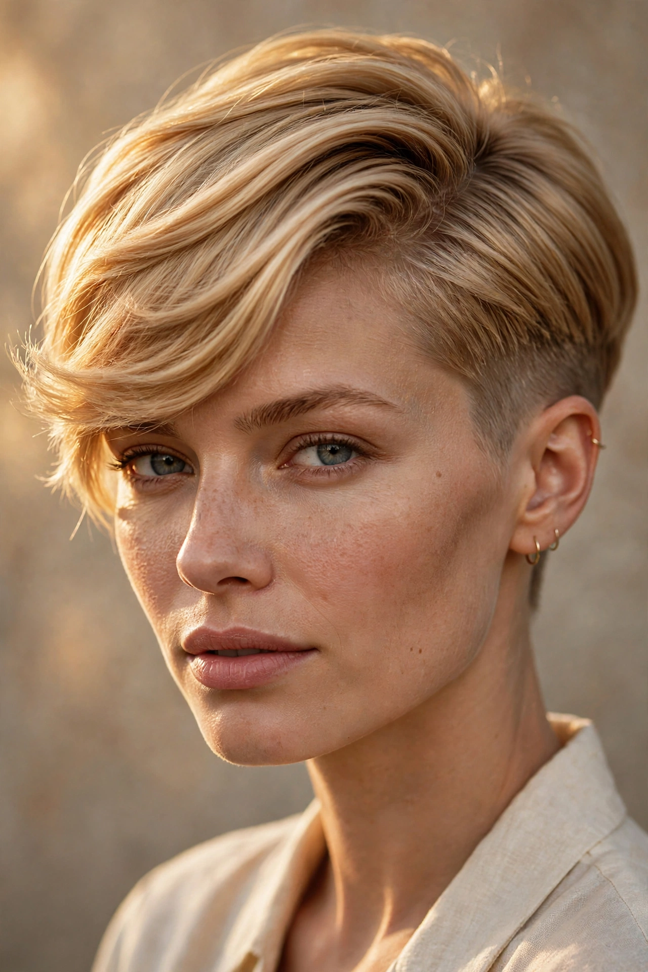 Golden blonde side-swept pixie