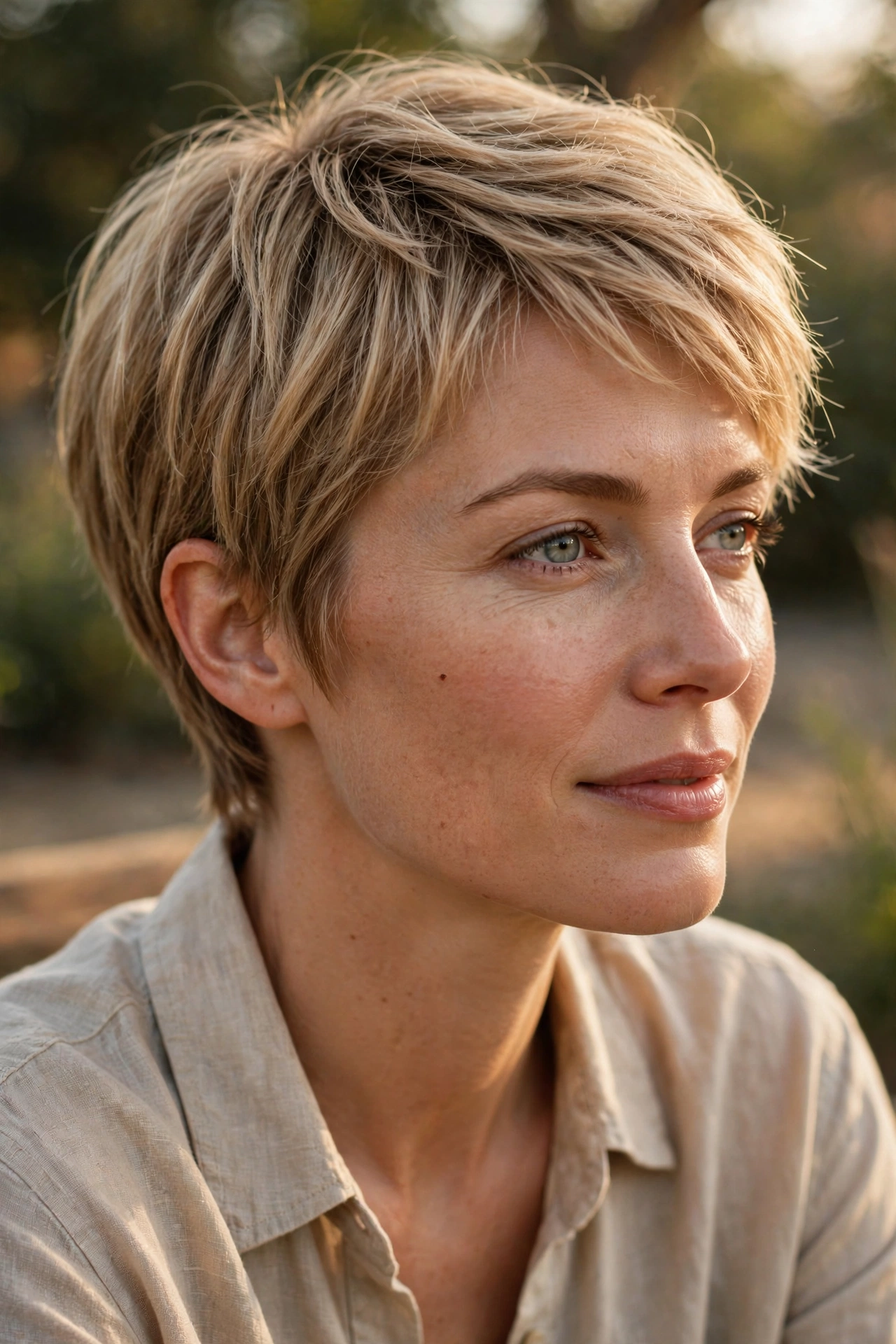 Sandy blonde low-maintenance pixie