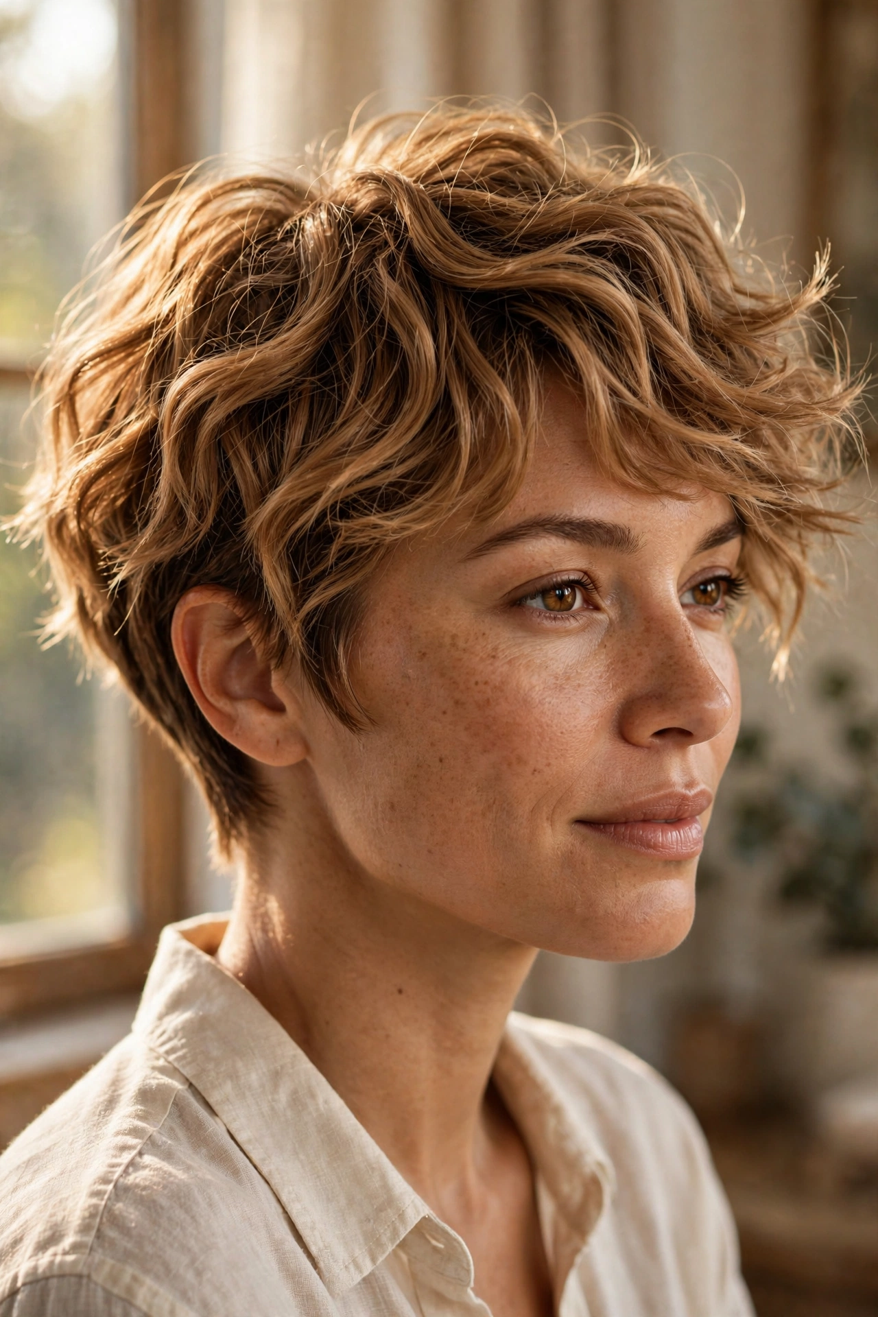 Caramel blonde wavy pixie