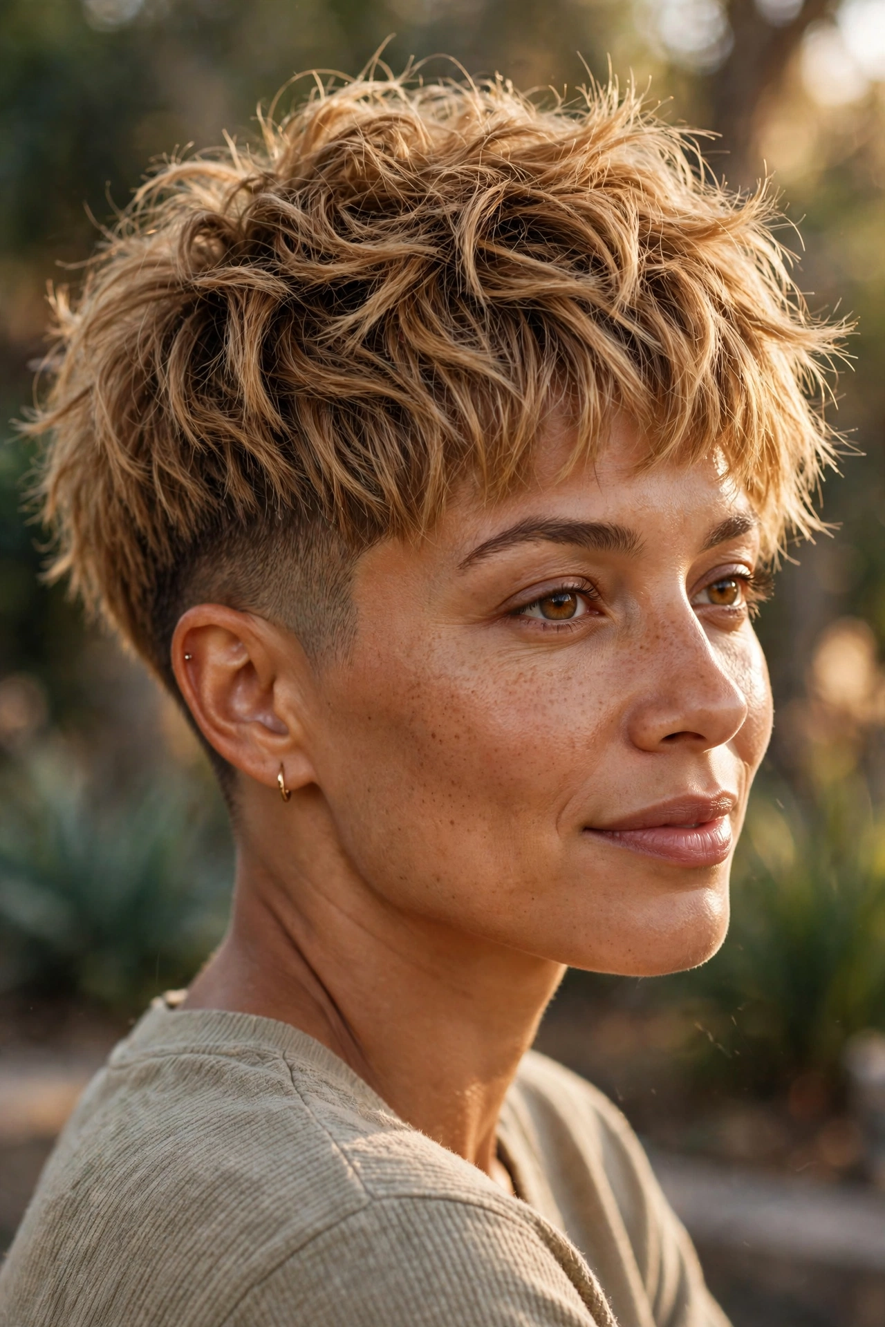 Warm blonde shaggy pixie