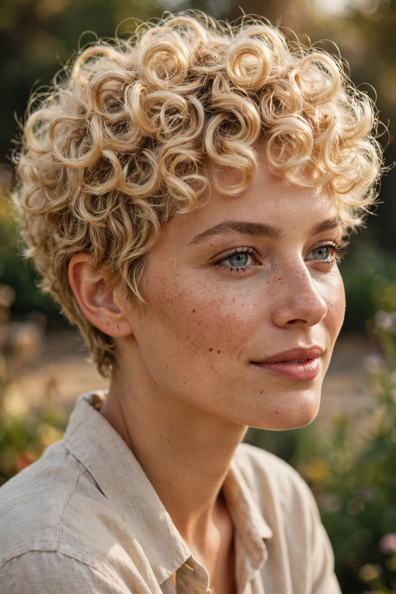Natural blonde curly pixie crop