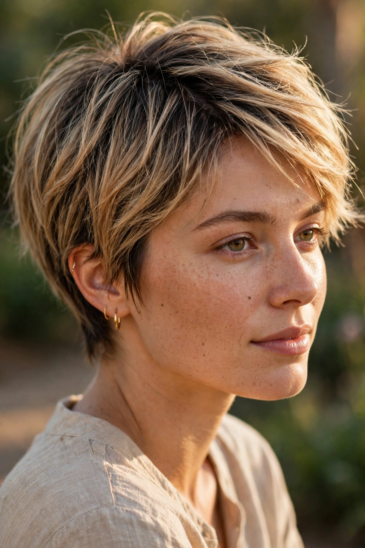 Lived-in blonde pixie with natural roots