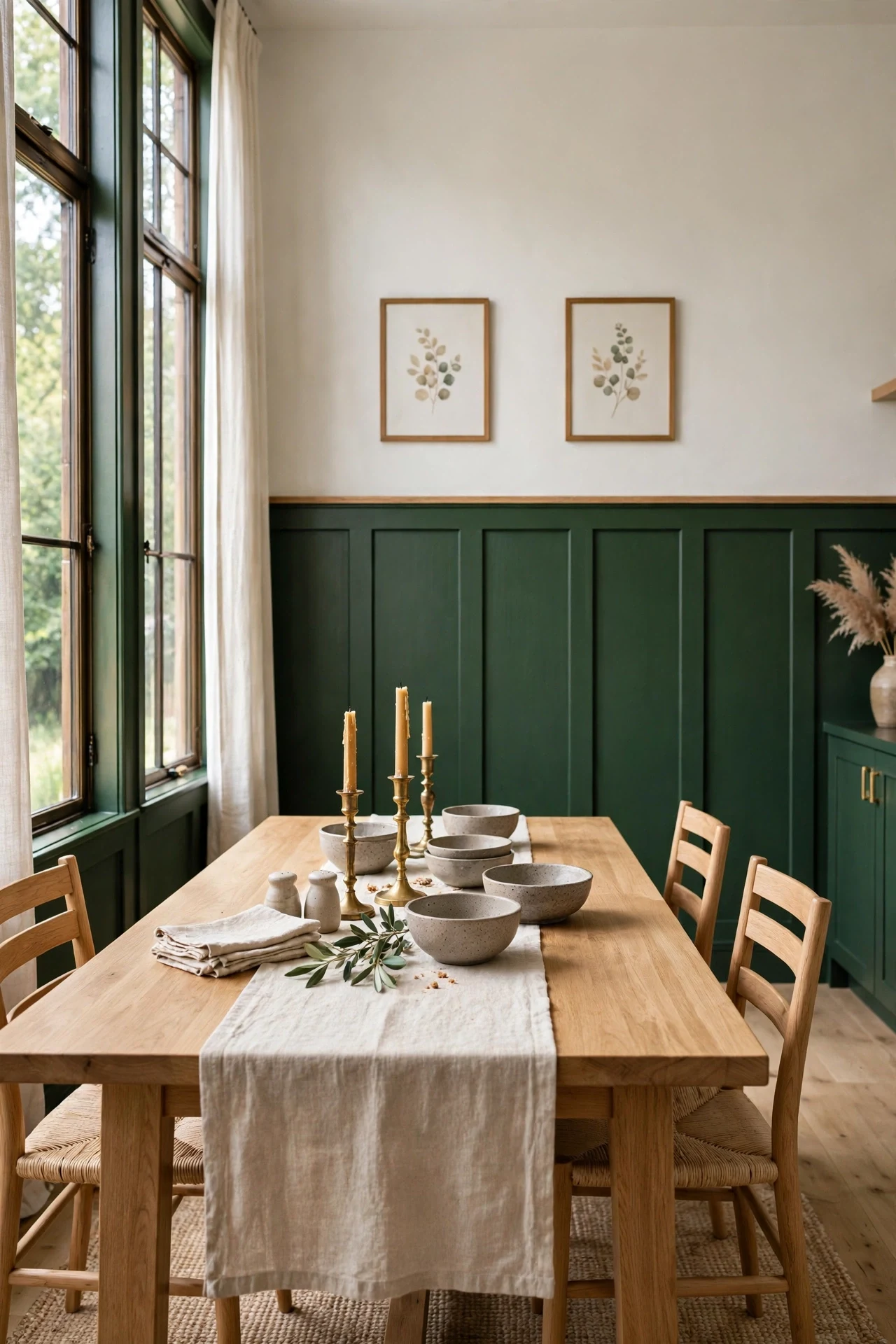 Deep green board and batten wainscoting in a dining room with oak table and brass candlesticks