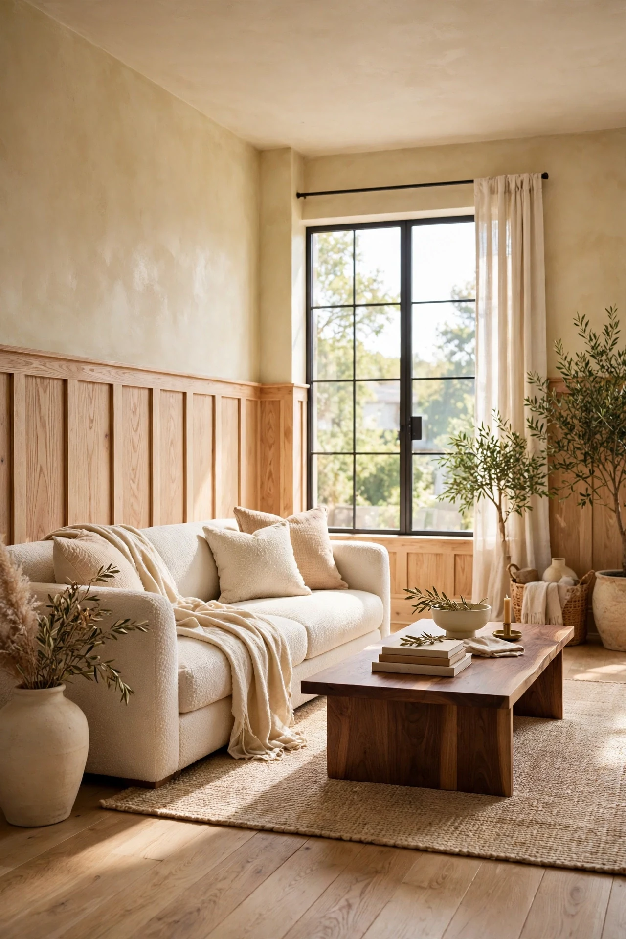 Stained white oak battens over plaster in a living room with boucle sofa and walnut table