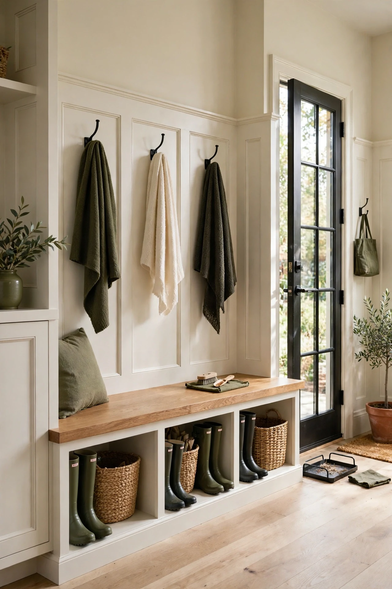 Board and batten wainscoting behind a built-in oak bench with boot cubbies in a mudroom