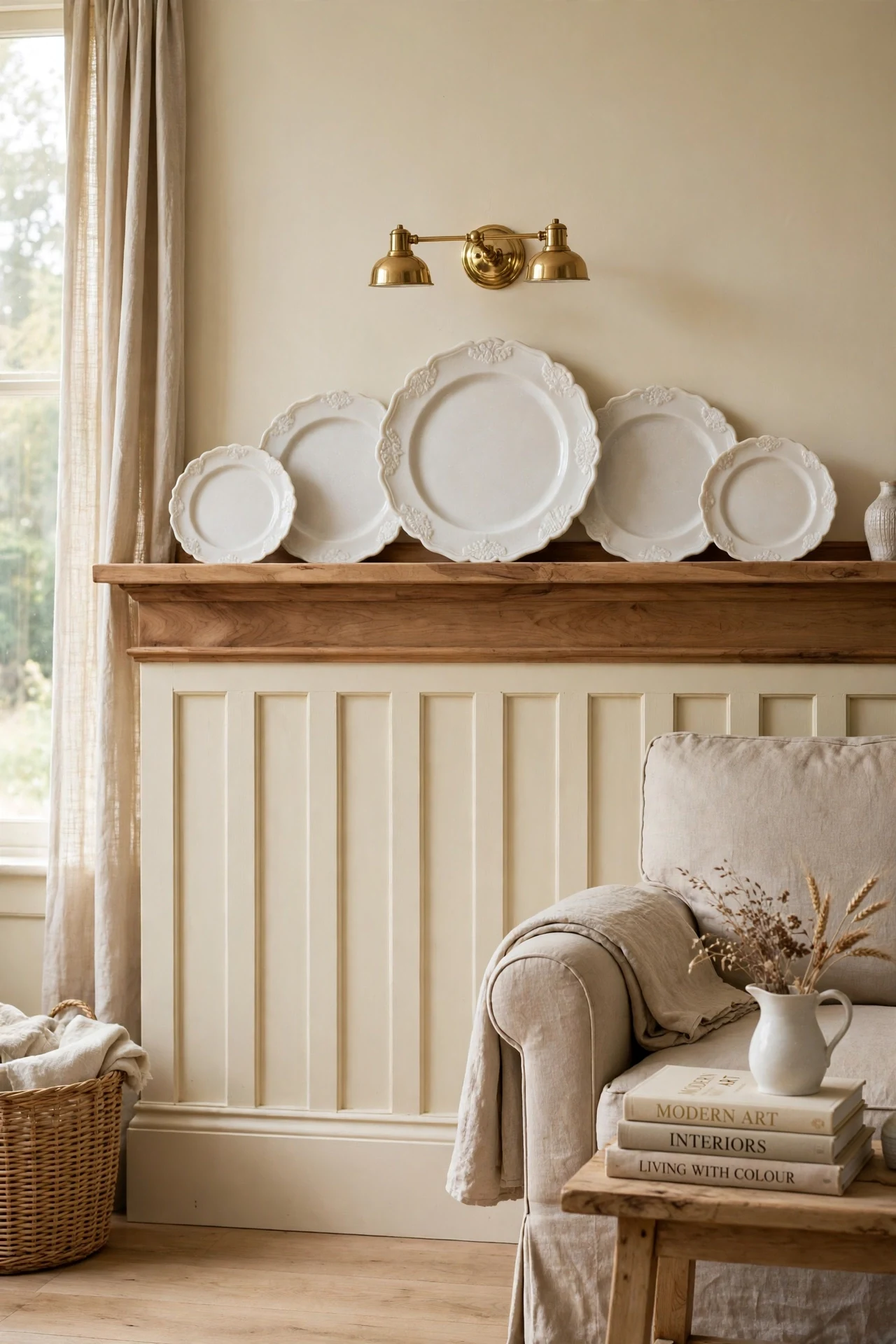 Cream board and batten wainscoting with a plate rail holding ironstone platters in a living room