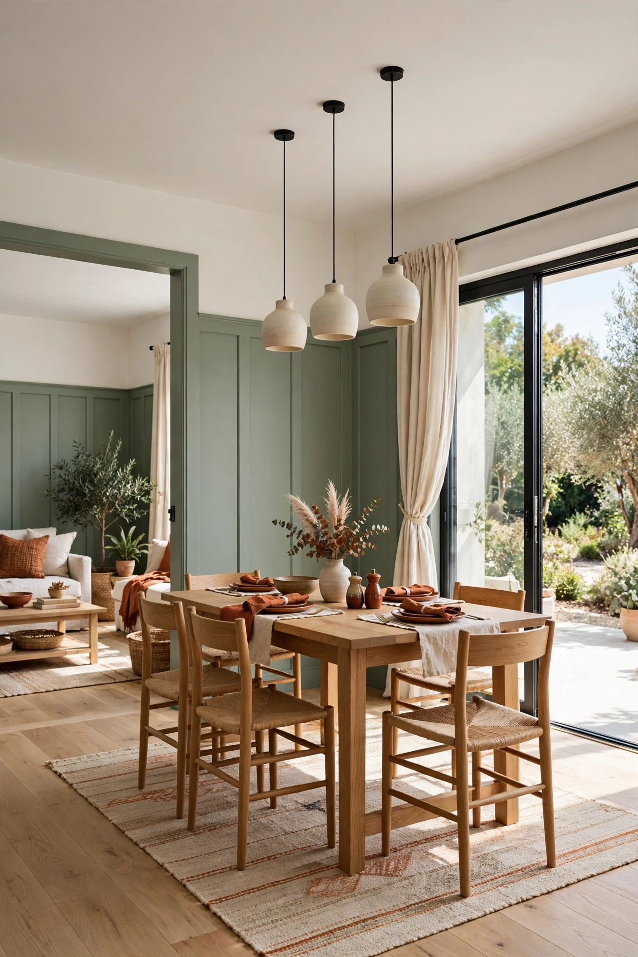 Sage board and batten wainscoting wrapping an open-plan dining area with oak table and rug