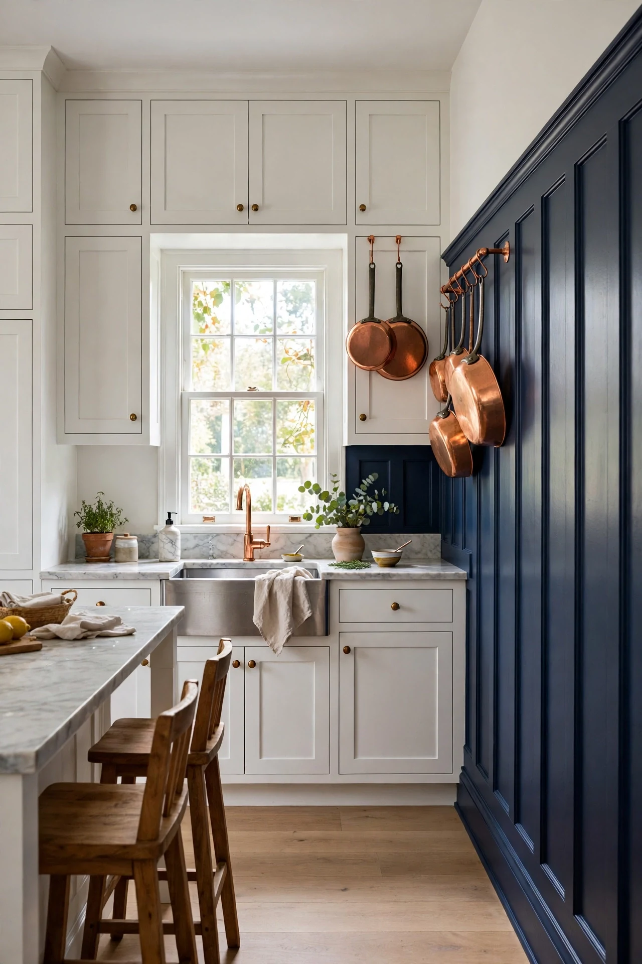 Navy board and batten wainscoting on a kitchen wall with white shaker cabinets and copper pans