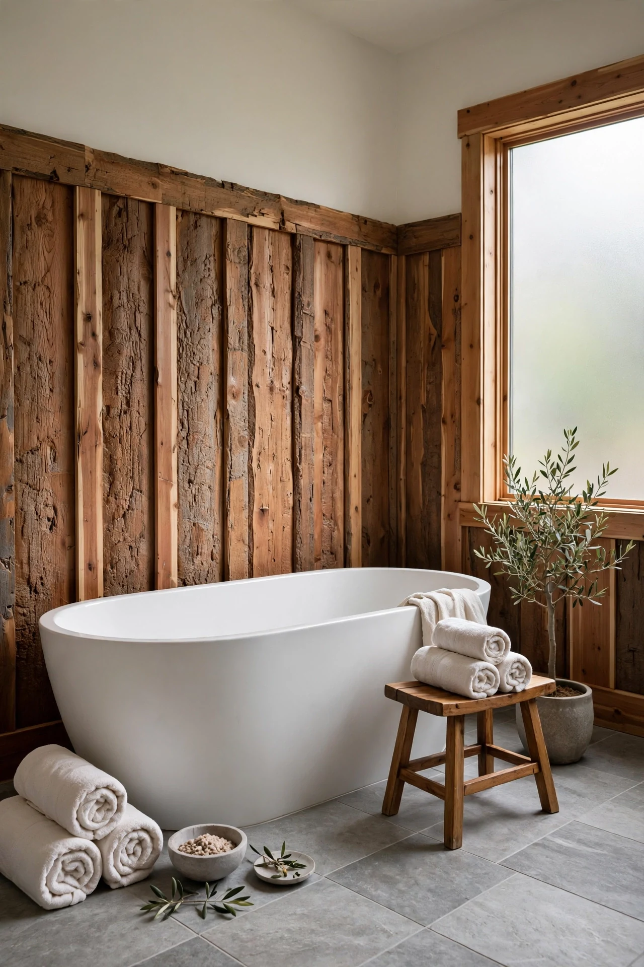 Rough-sawn cedar board and batten wainscoting behind a freestanding tub in a spa bathroom