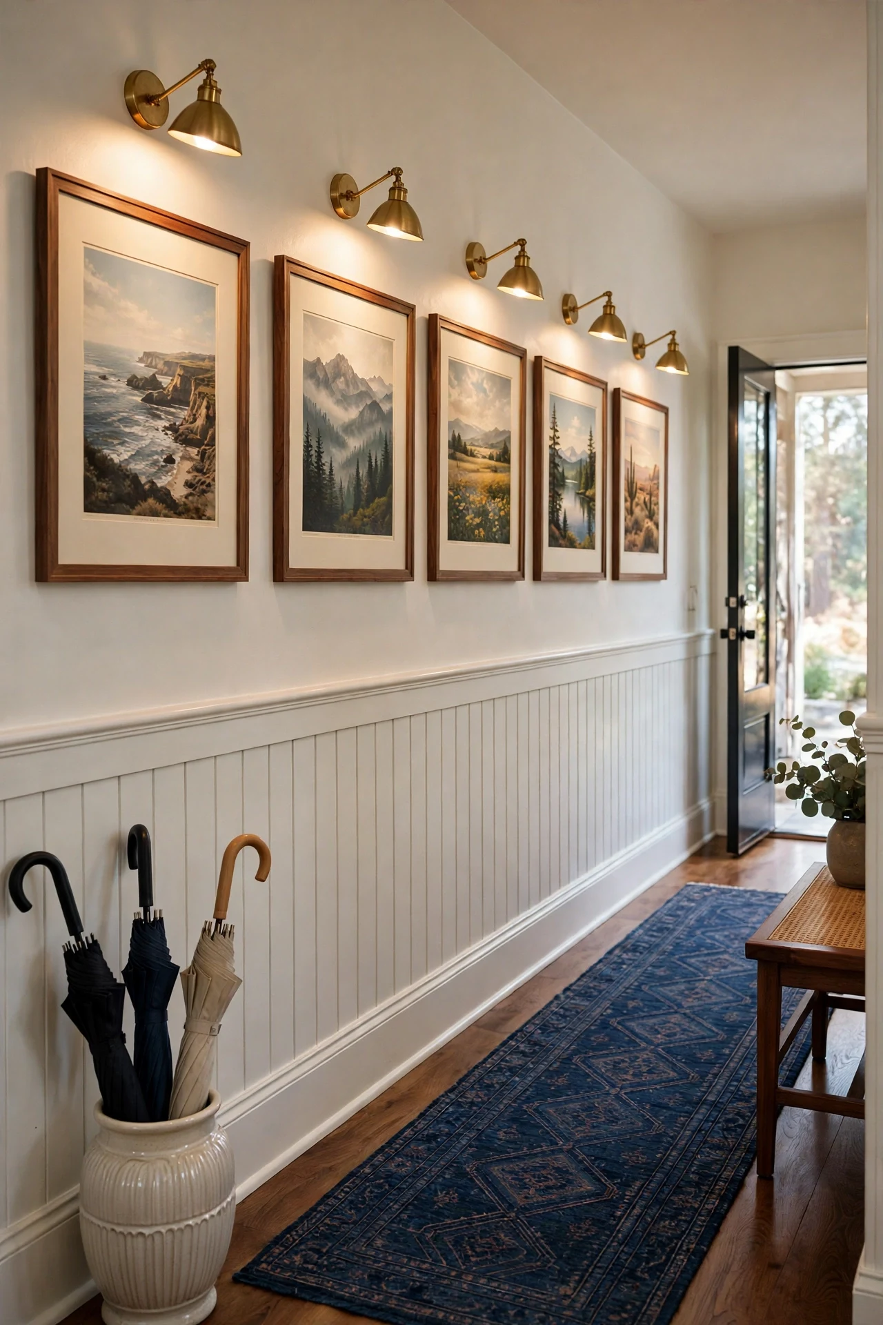 Board and batten hallway with framed prints lit by brass picture lights above warm white panels