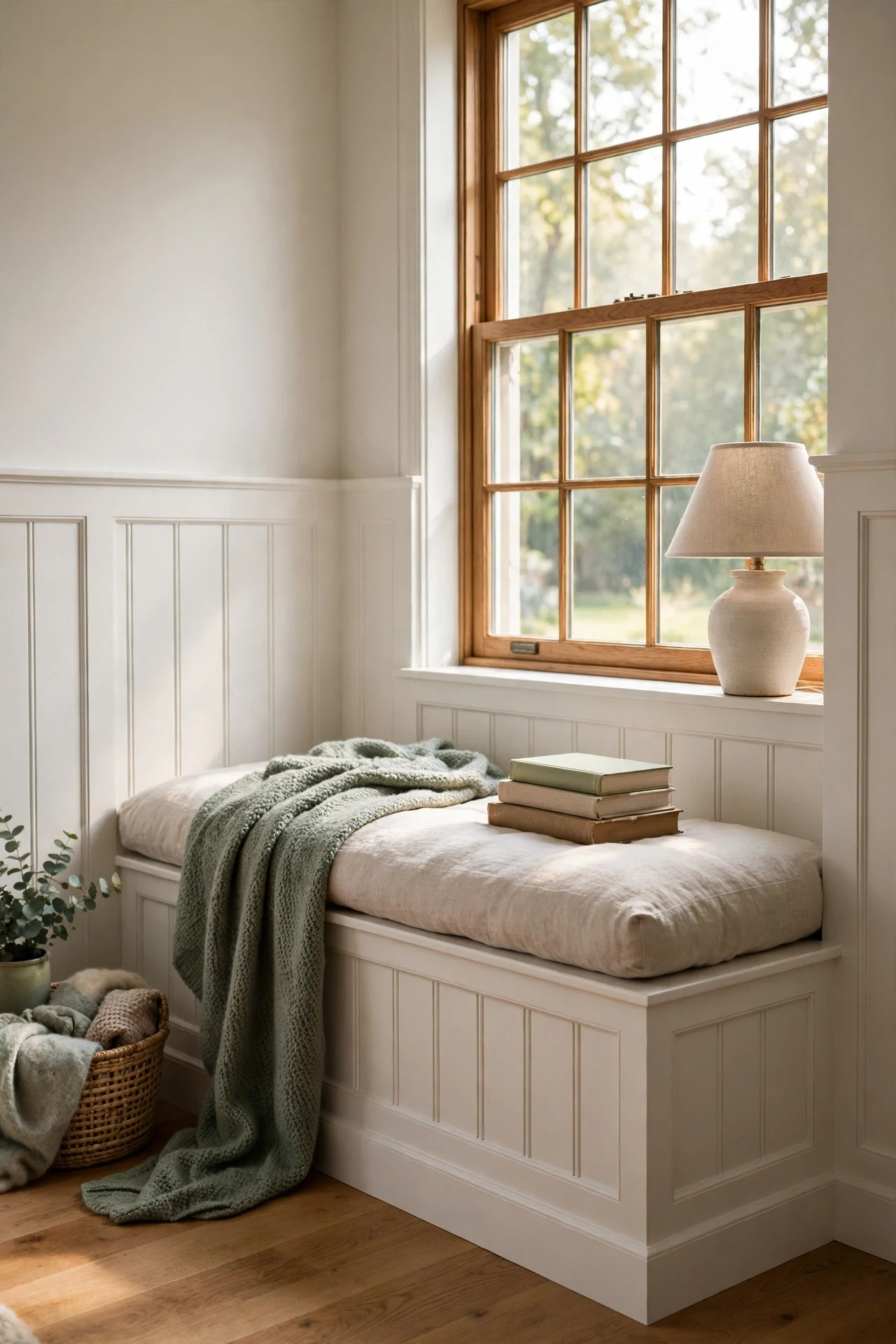 Window seat wrapped in board and batten wainscoting with linen cushion in a reading bedroom