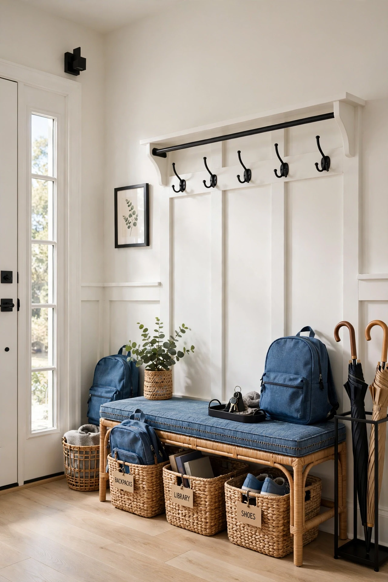 White board and batten wainscoting with hooks and seagrass baskets in a family entryway