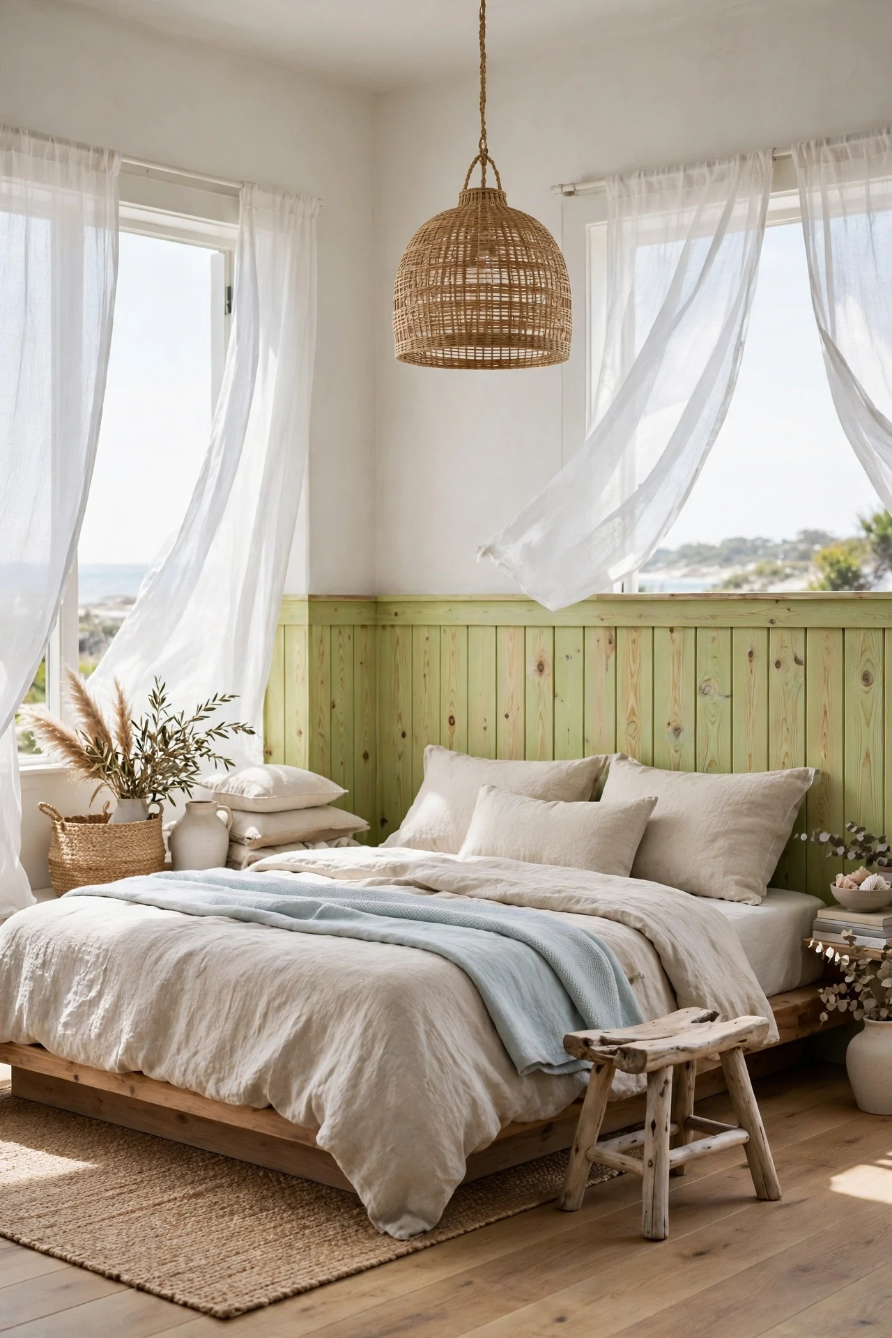 Limewashed pine board and batten wainscoting behind a linen bed in a coastal bedroom