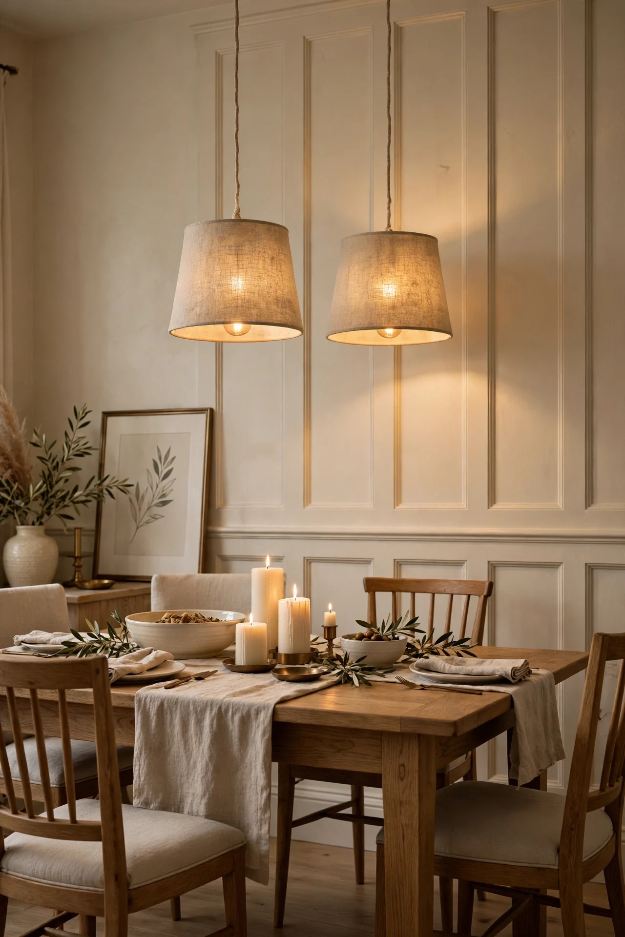 Cream board and batten wainscoting in a dining room lit by low linen pendants over the table