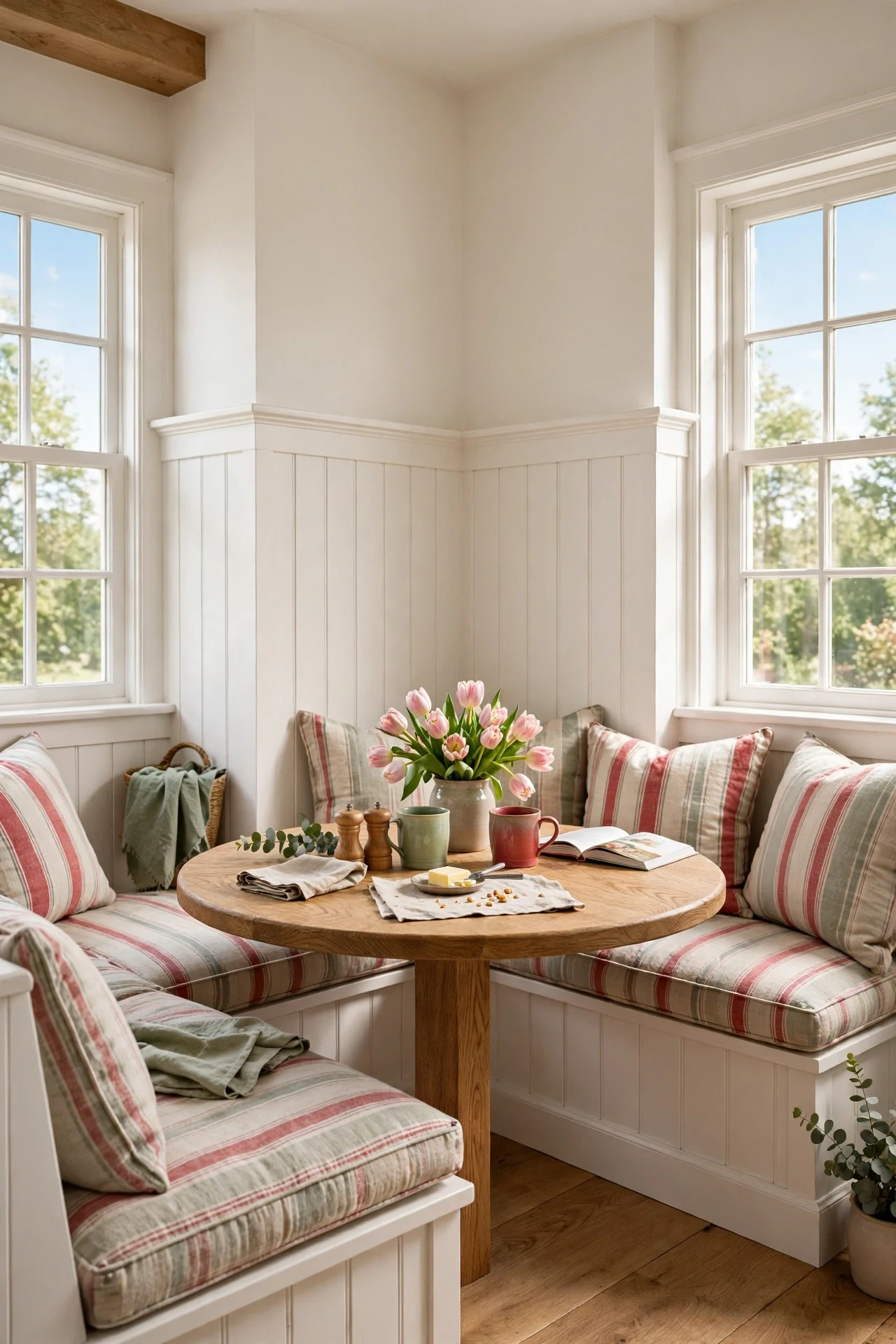 Board and batten banquette back in a breakfast nook with round oak table and striped cushions