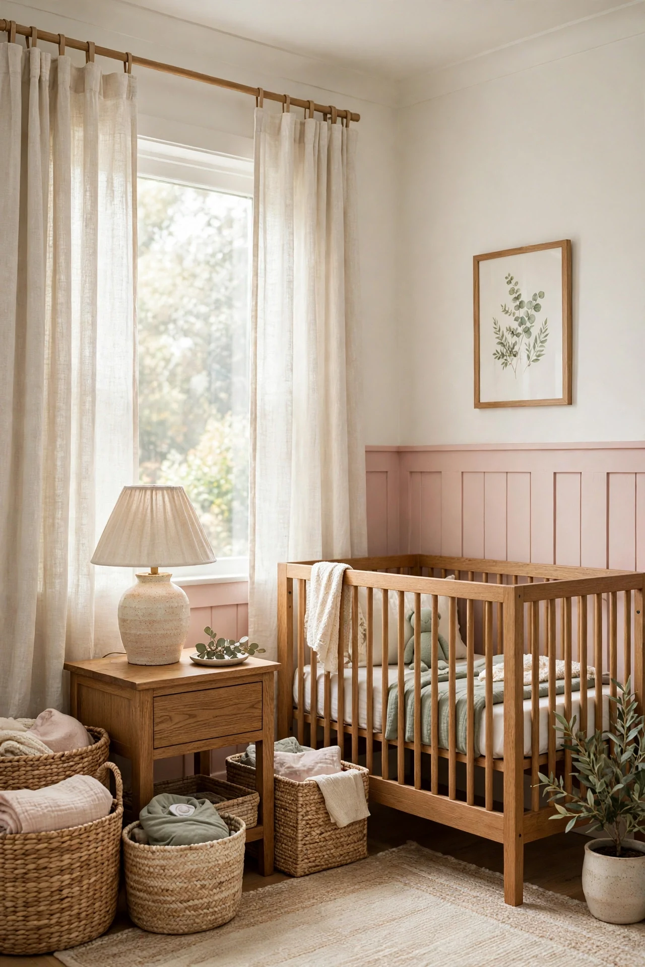 Blush board and batten wainscoting in a nursery with linen curtains and a ceramic lamp