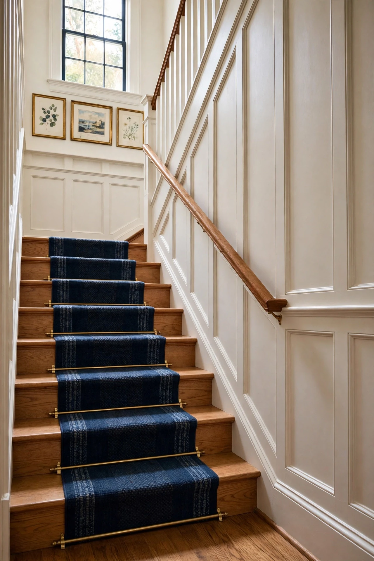 White board and batten wainscoting following a staircase rake beside oak treads and navy runner