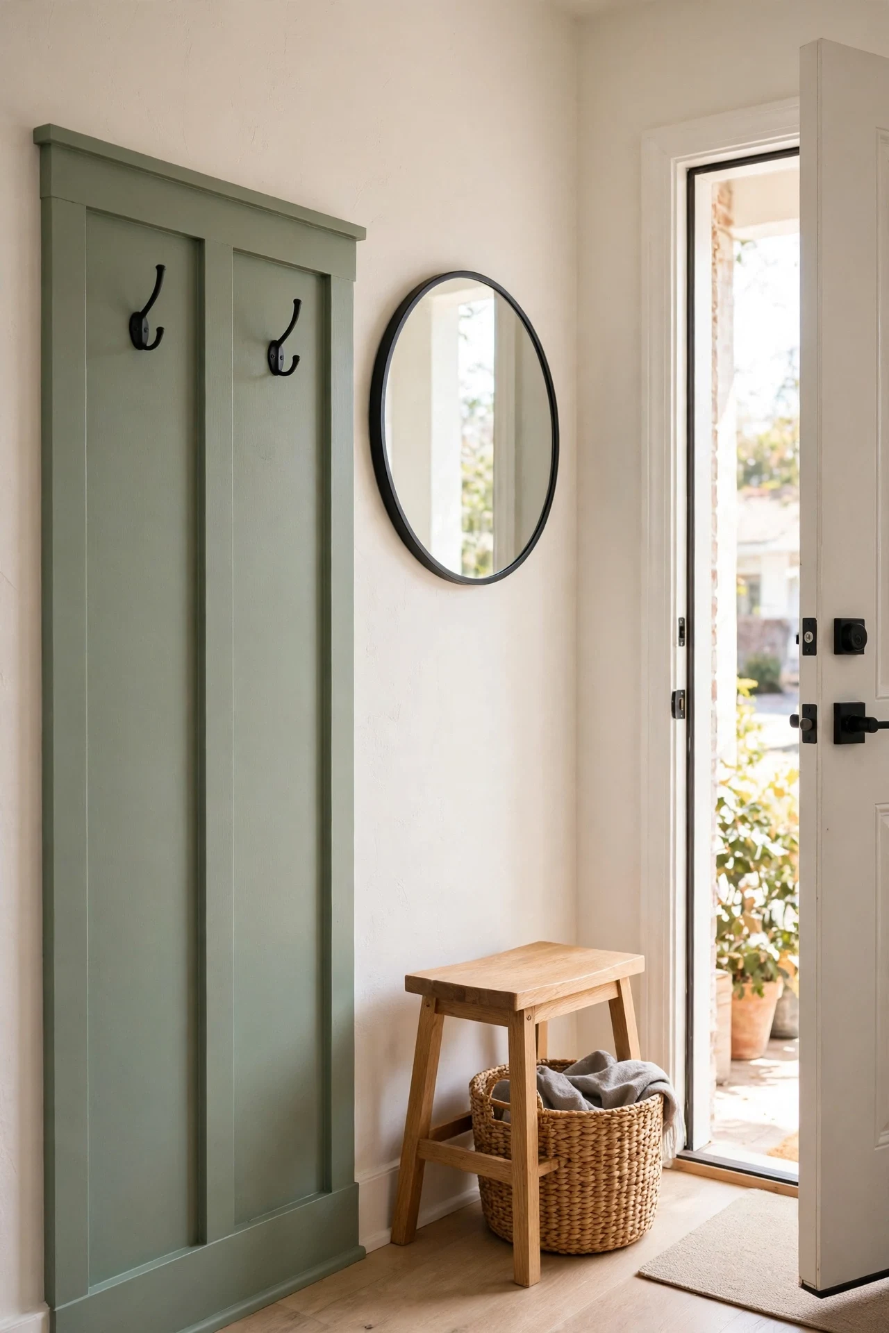 Single sage board and batten panel with hooks and mirror in a small rental entryway