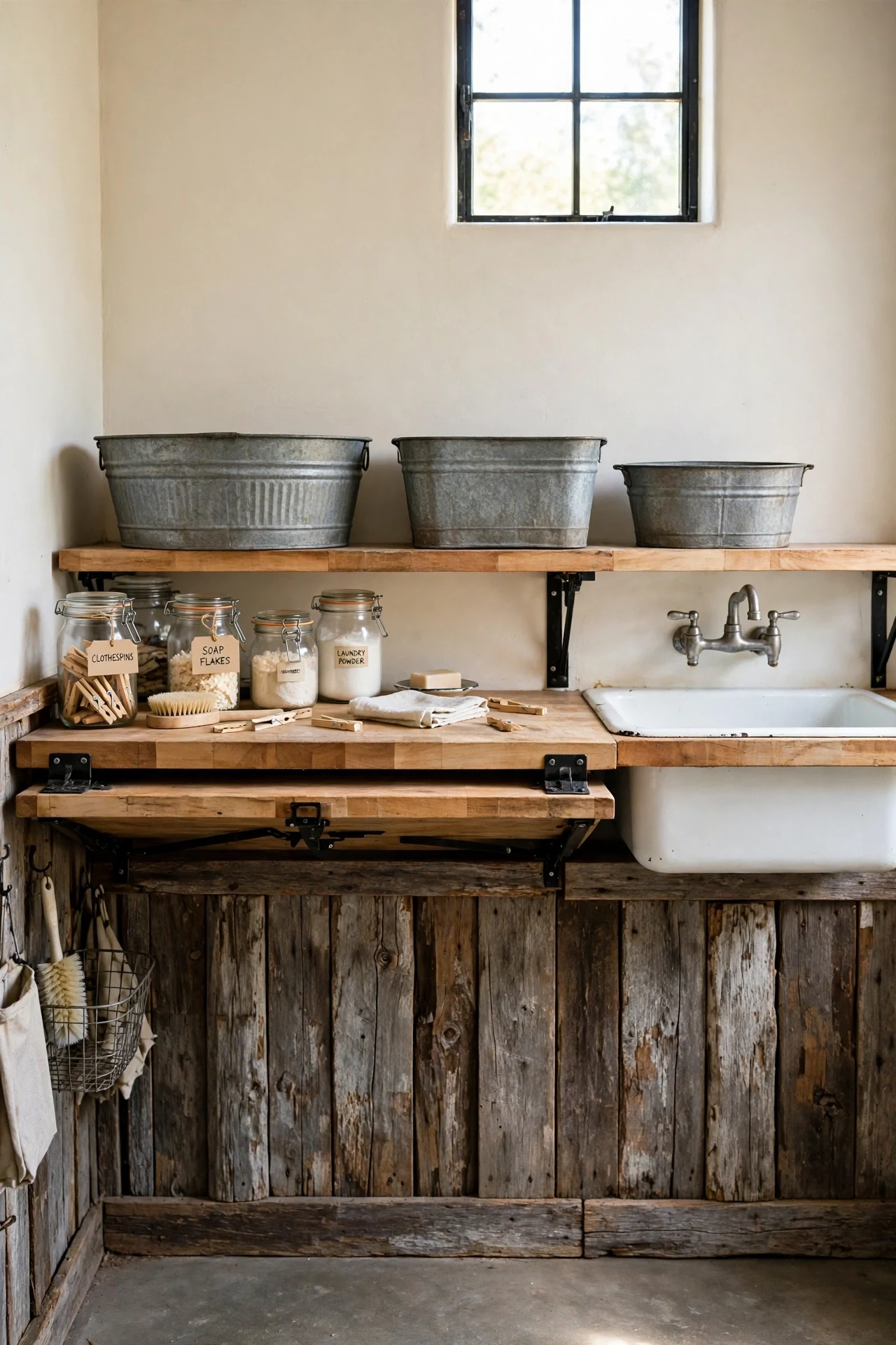 Reclaimed barnwood board and batten wainscoting in a laundry room with butcher-block counter