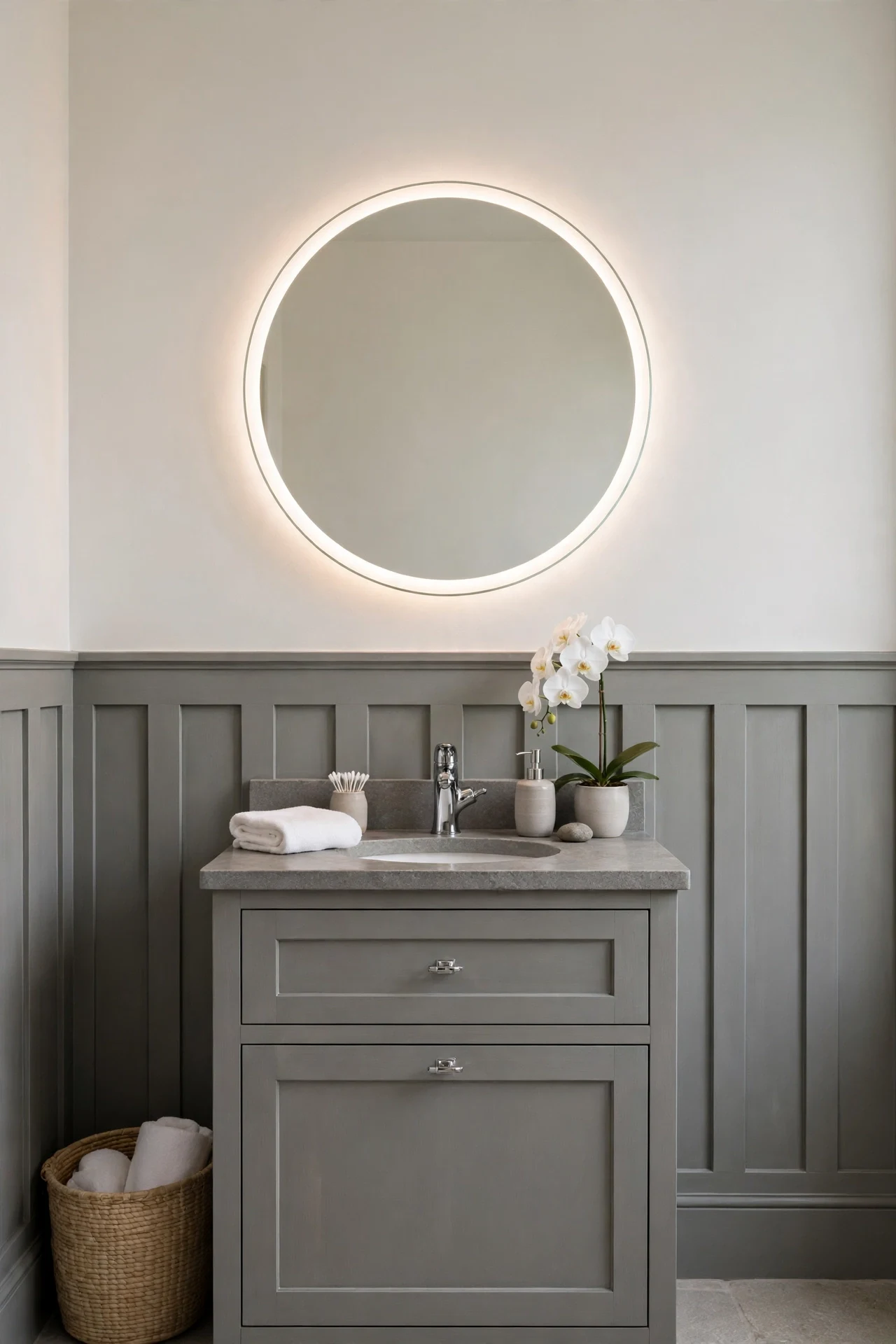 Stone-grey board and batten wainscoting below a backlit mirror in a guest bathroom