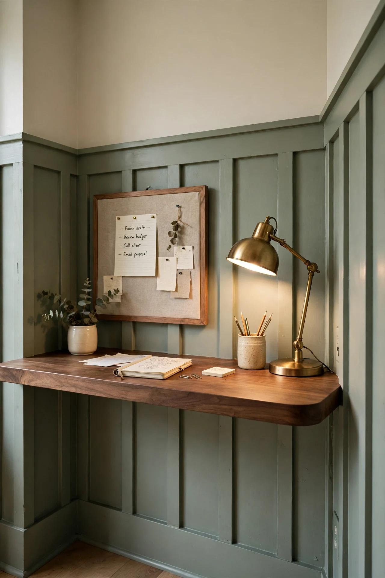 Sage board and batten desk alcove with floating walnut desk and brass task lamp in a home office