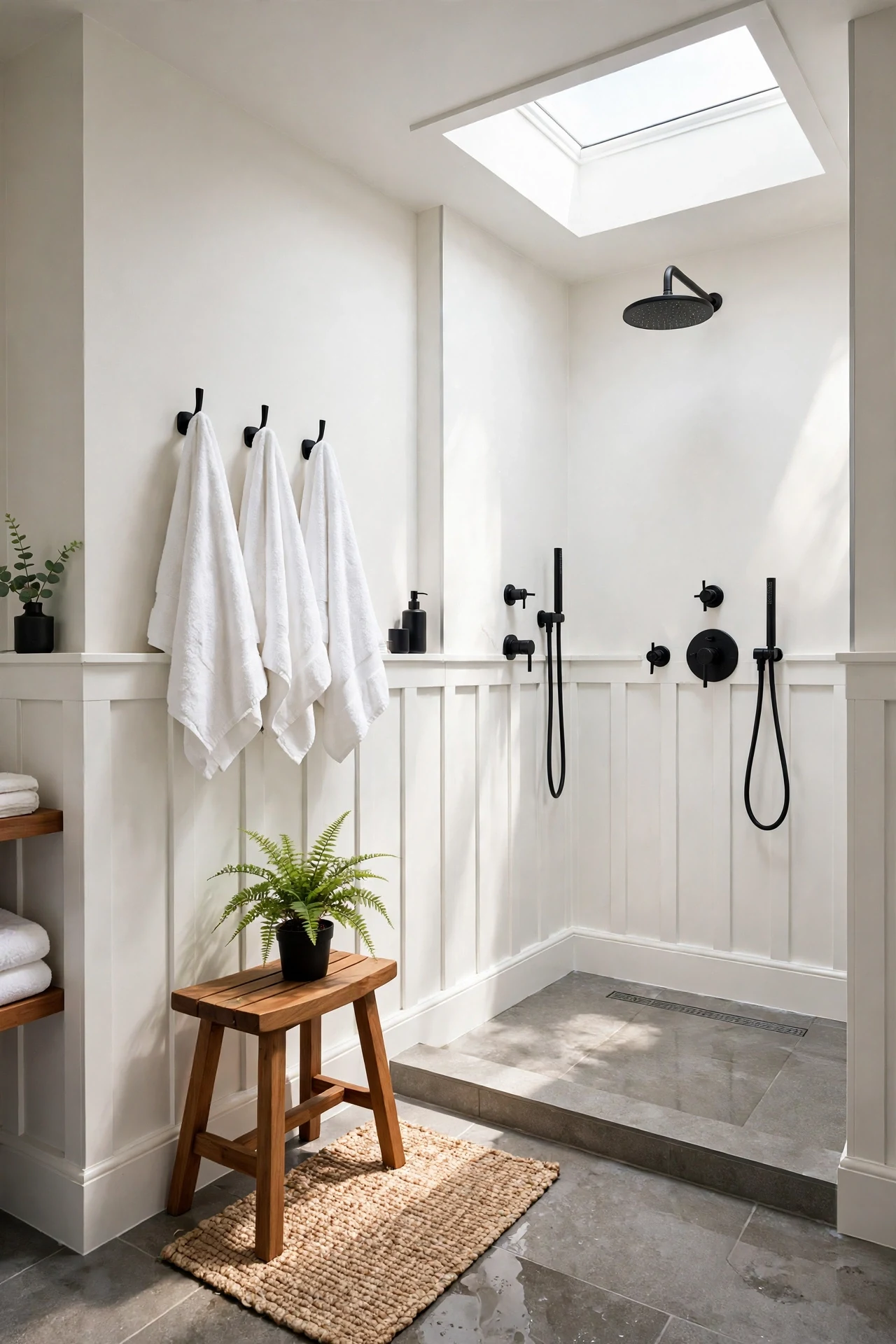 White PVC board and batten wainscoting in a wet-room shower space with black fixtures and teak stool