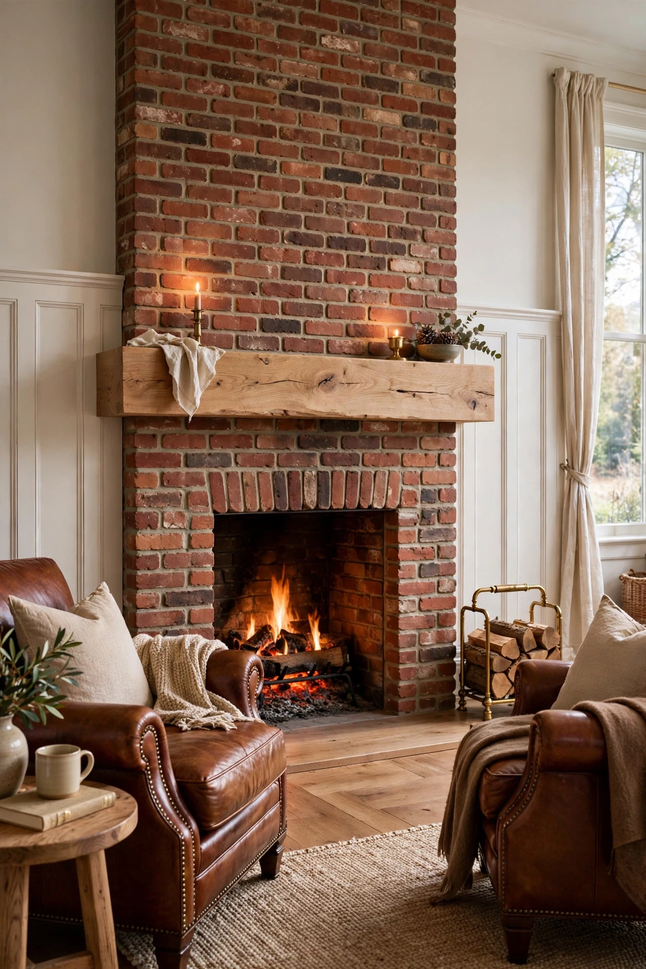 Board and batten wainscoting flanking a brick fireplace with oak mantel in a living room