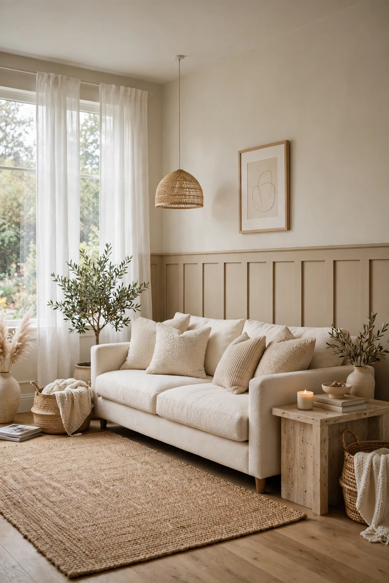 Warm greige board and batten wainscoting behind a cream sofa in a neutral living room