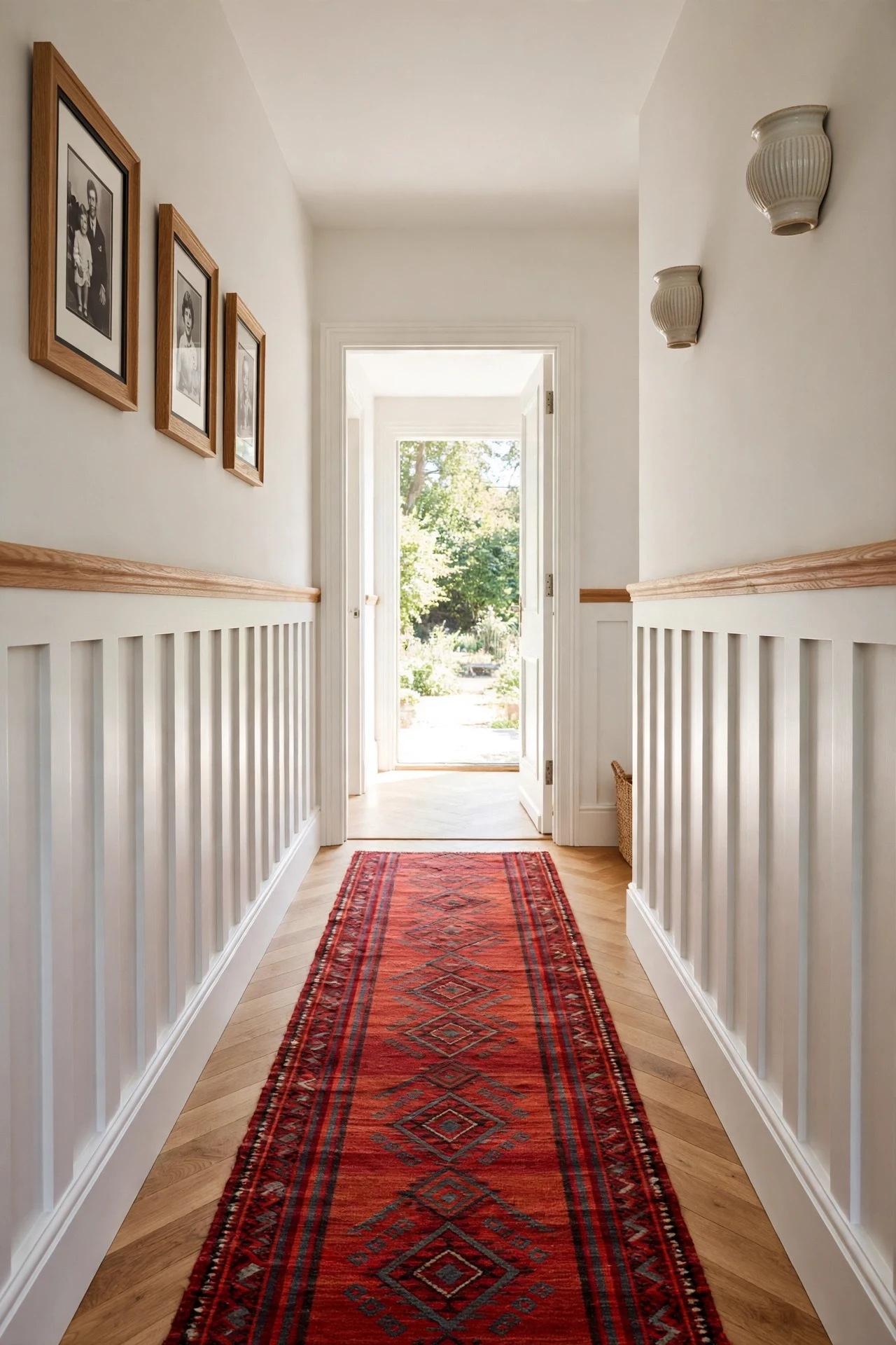 White board and batten wainscoting with a white oak cap rail in a hallway with wool runner