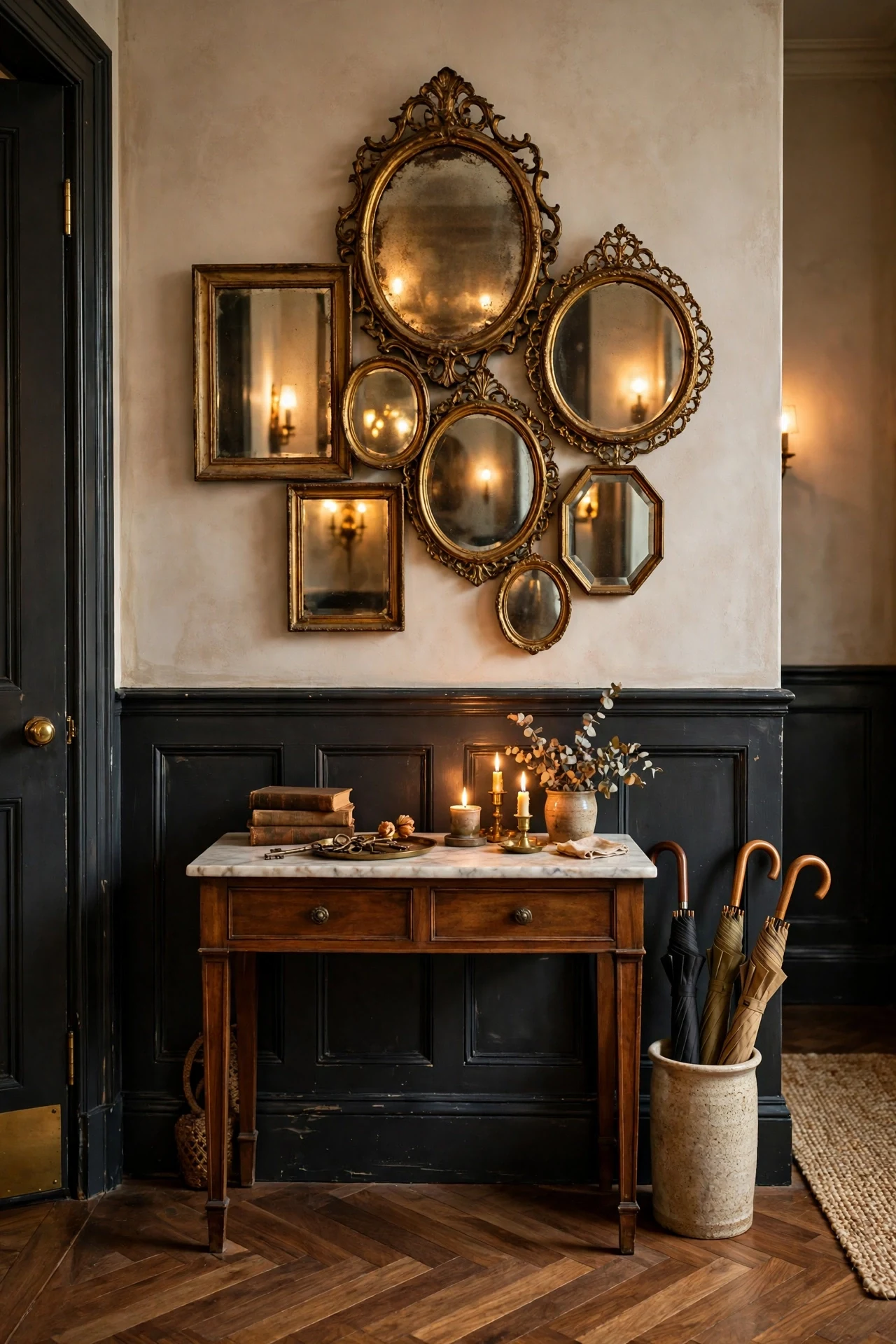 Charcoal board and batten wainscoting with vintage gilt mirrors above a console in an entryway