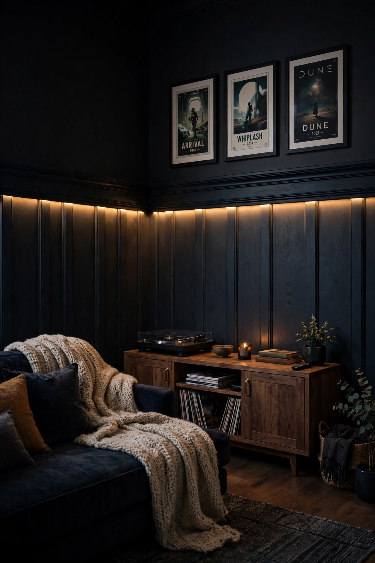 Dark board and batten wainscoting with LED strip lighting under the cap rail in a media room