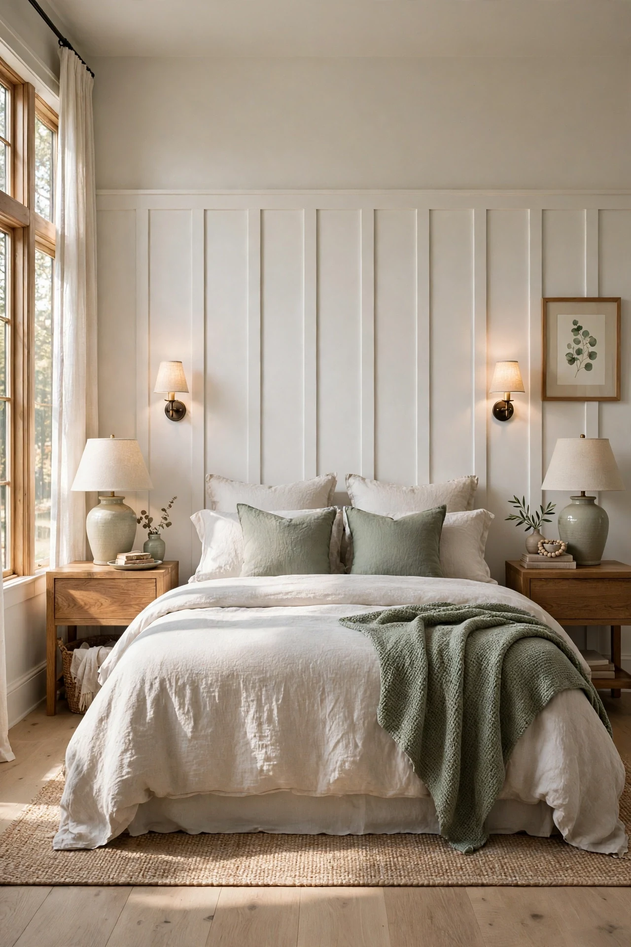 Tall board and batten headboard wall behind a linen bed in a primary bedroom with oak nightstands