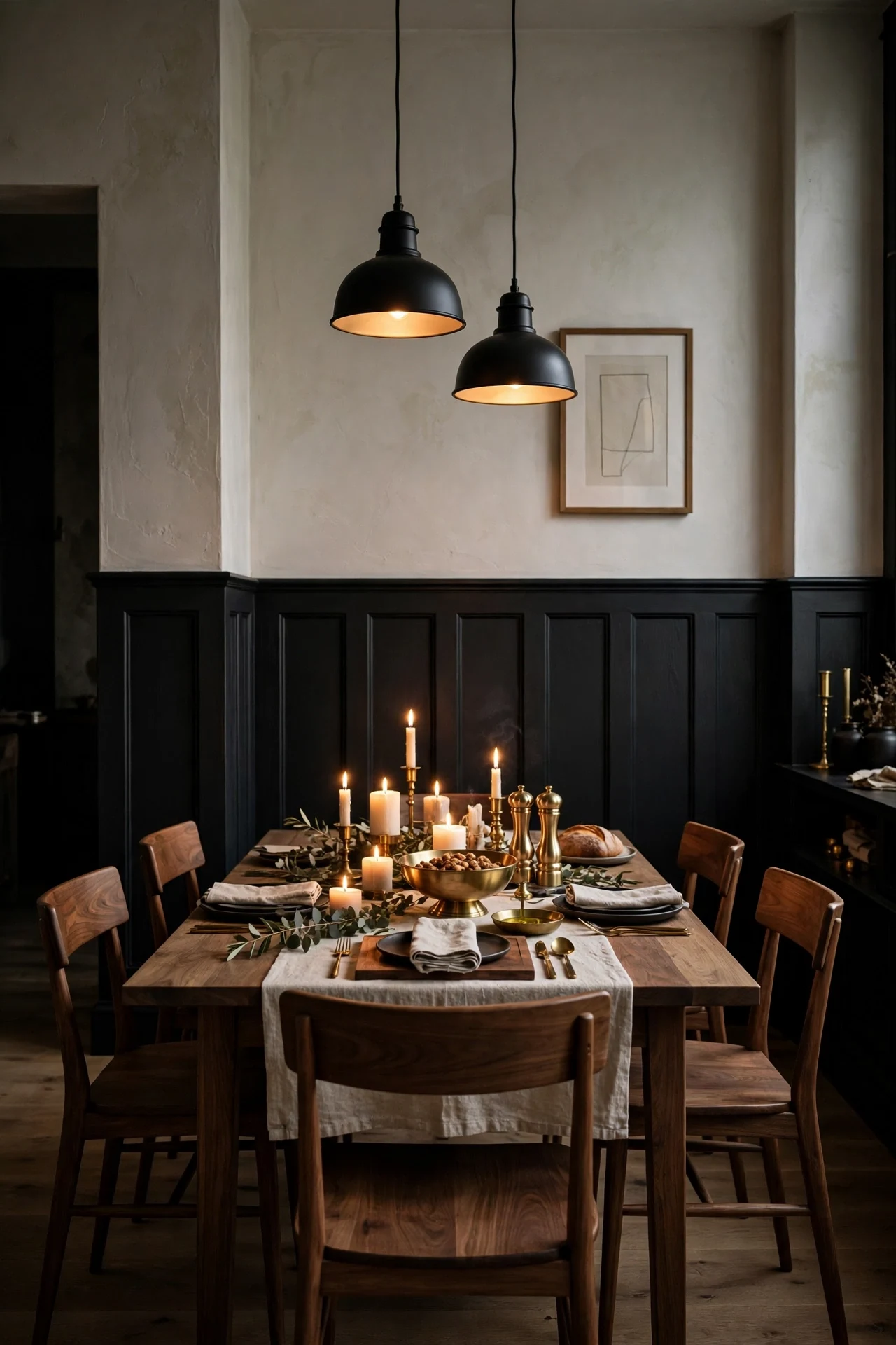 Black board and batten wainscoting in a moody dining room with candlelit table and walnut chairs