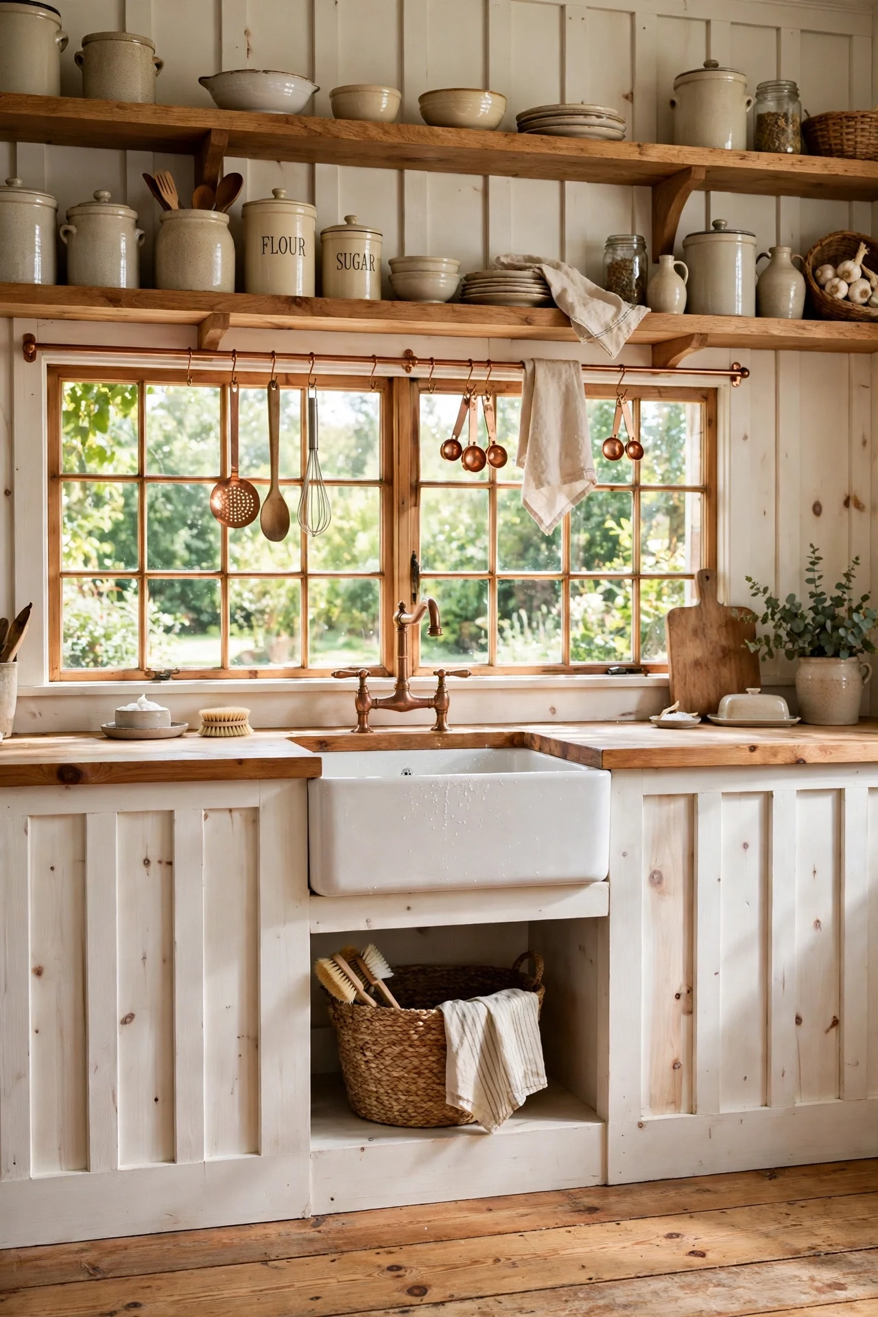 Wide-board board and batten wainscoting in a farmhouse kitchen with open oak shelves and stoneware