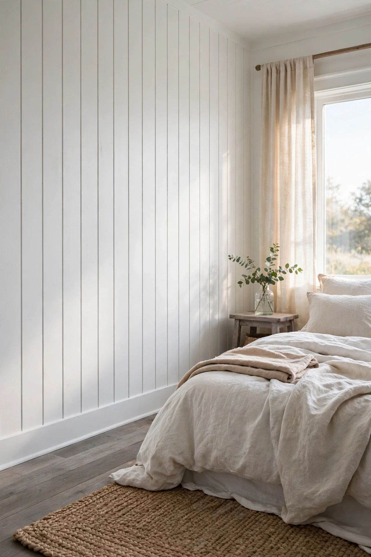 White full-height shiplap wainscot wall in a bright coastal bedroom with linen bedding