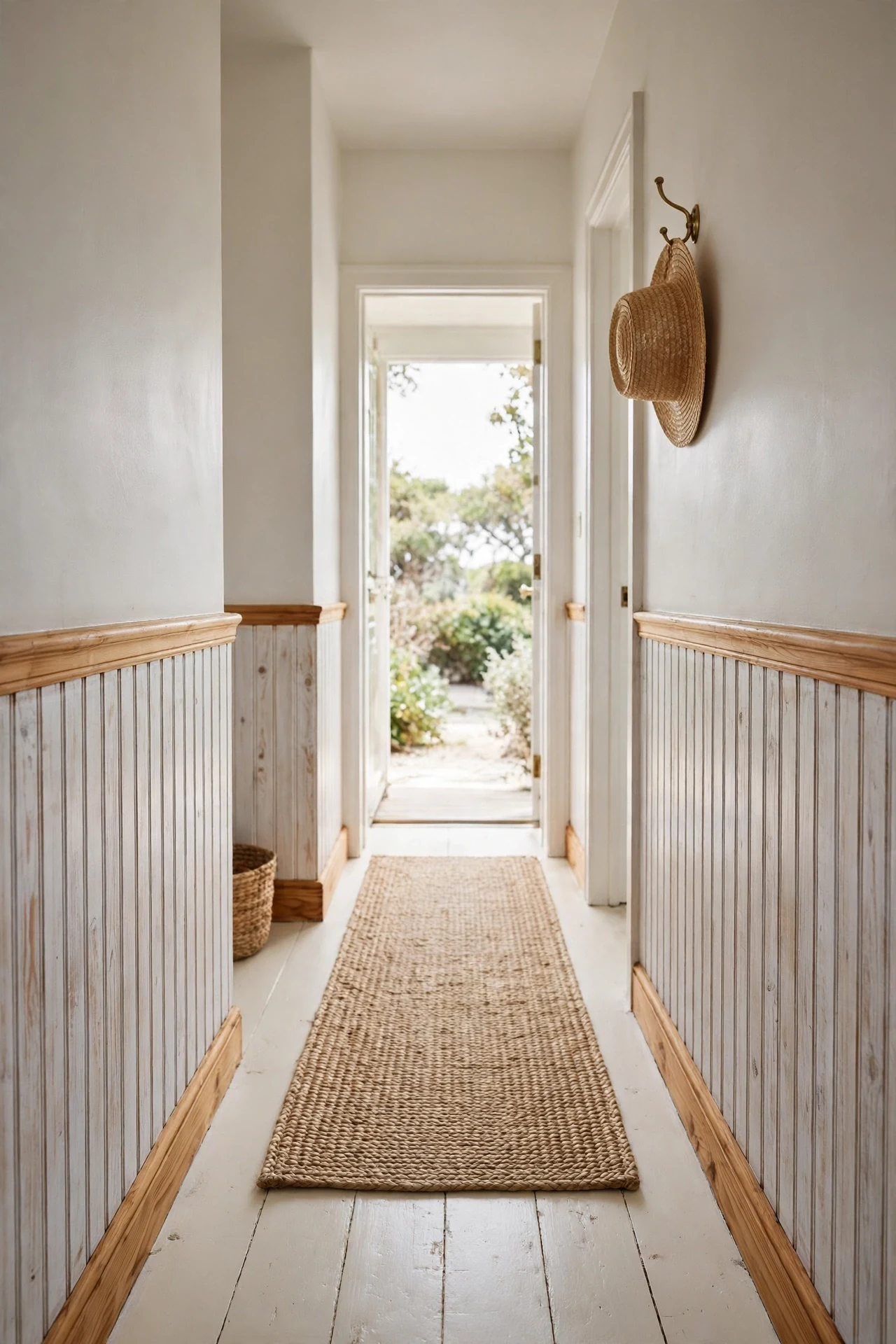 Whitewashed pine beadboard wainscot in a cottage hallway with a seagrass runner
