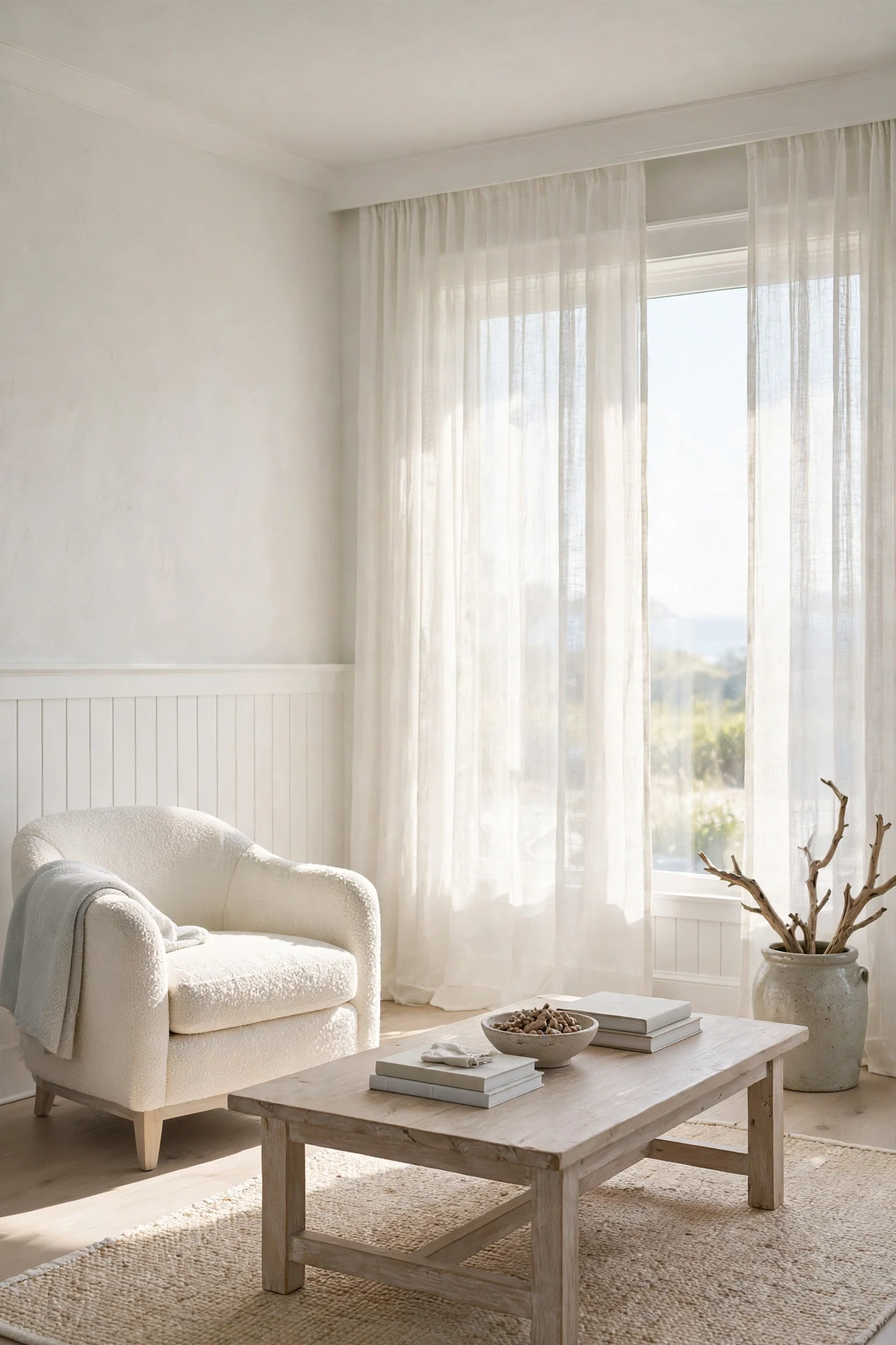 White wainscot wall with sheer linen curtain panels in a sunlit living room