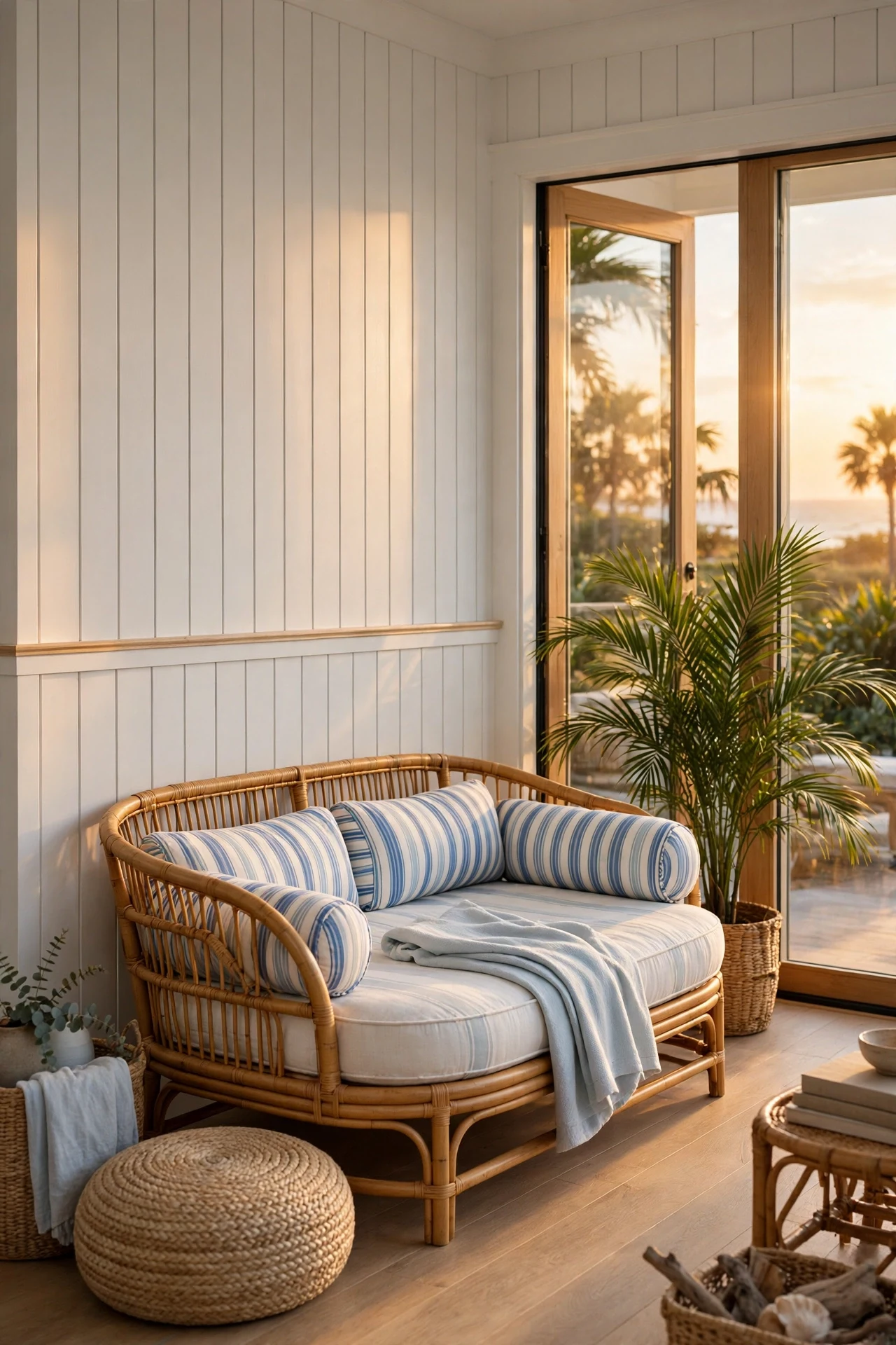 Rattan daybed against a white vertical shiplap wainscot wall in a sunroom
