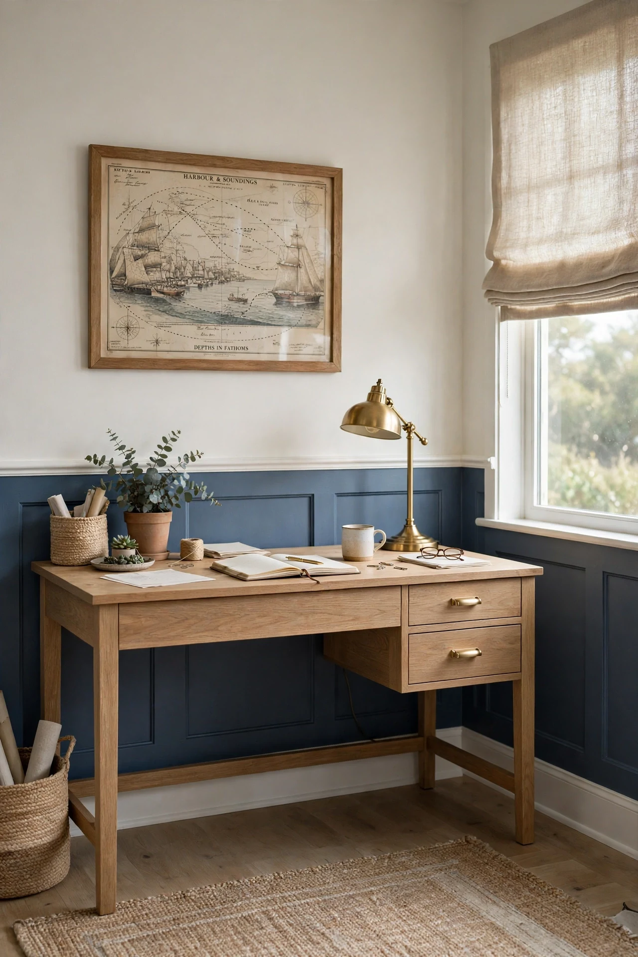 Soft navy wainscot below the chair rail in a coastal home office