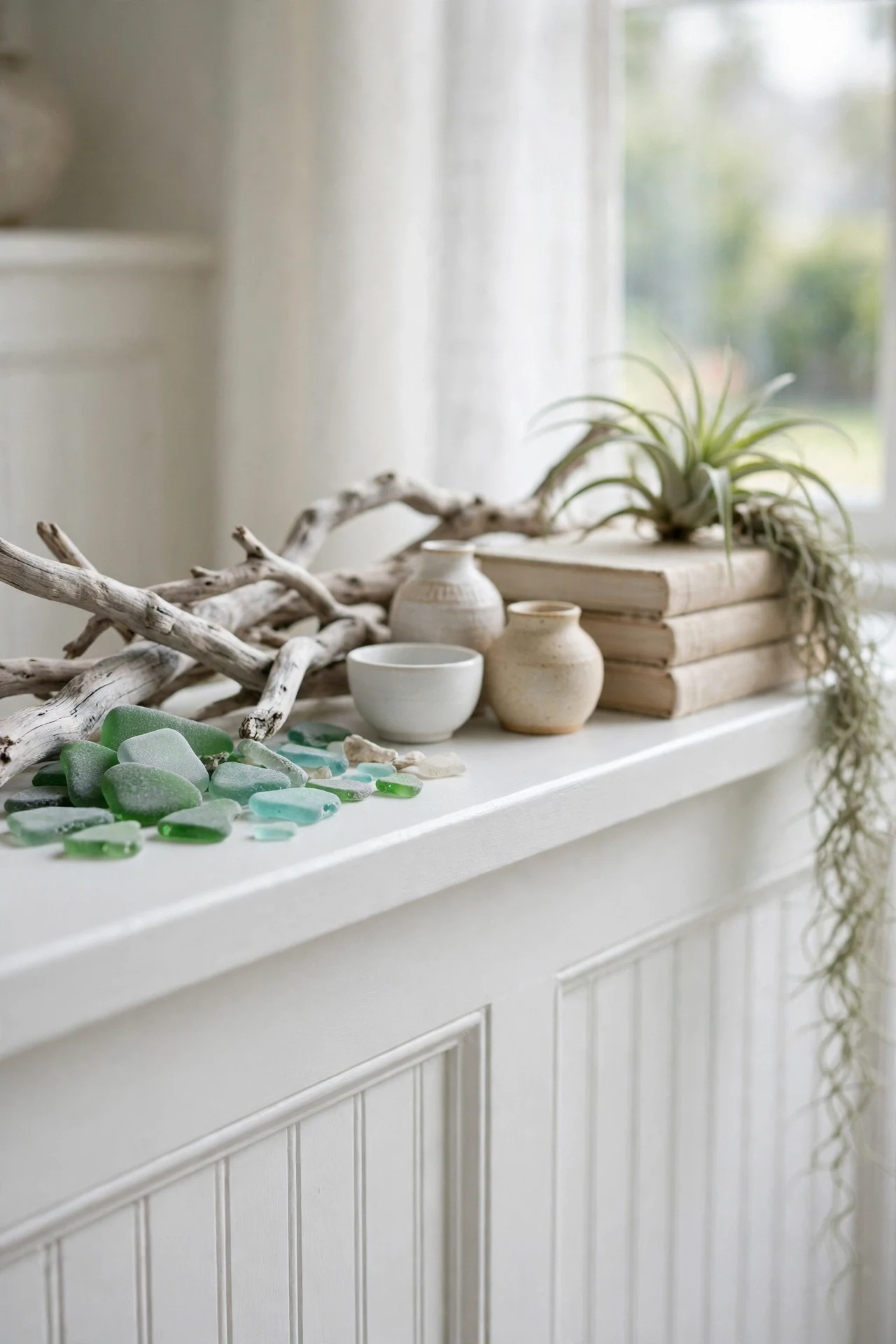 Sea glass and driftwood pieces styled on a deep white chair rail ledge