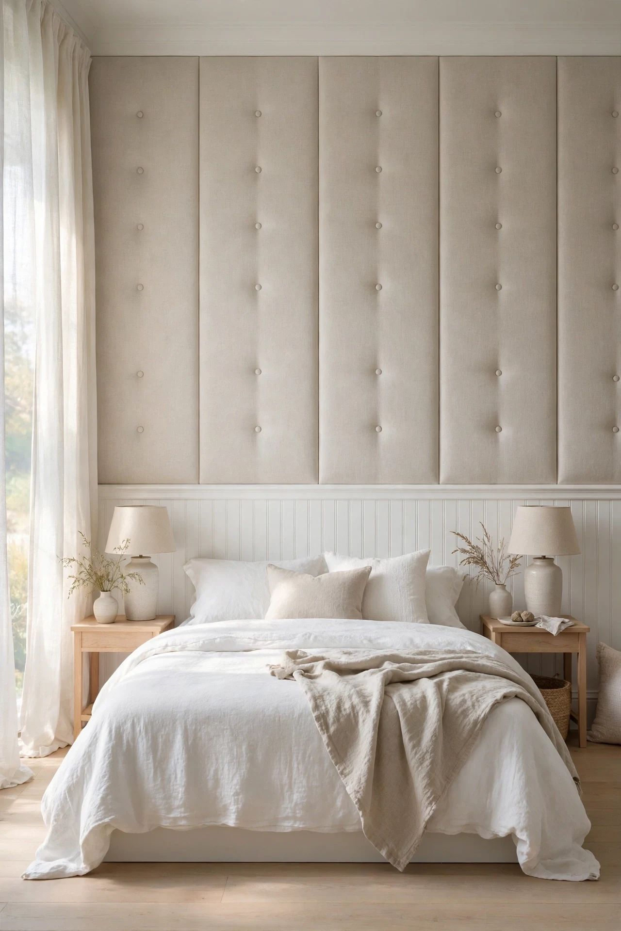 White wainscot with upholstered oatmeal linen panels above in a serene bedroom