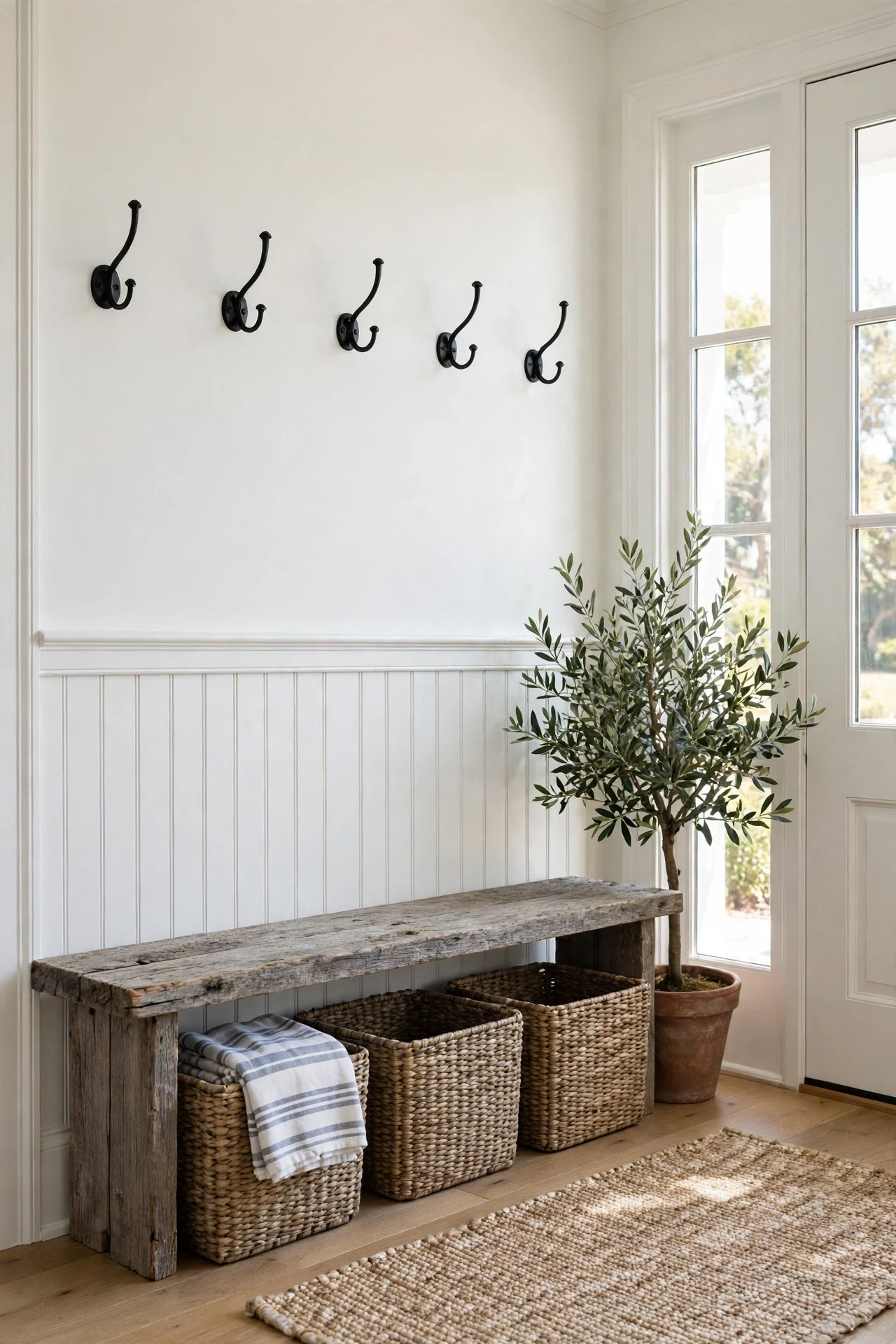 Weathered oak bench against white beadboard wainscot in a bright entryway