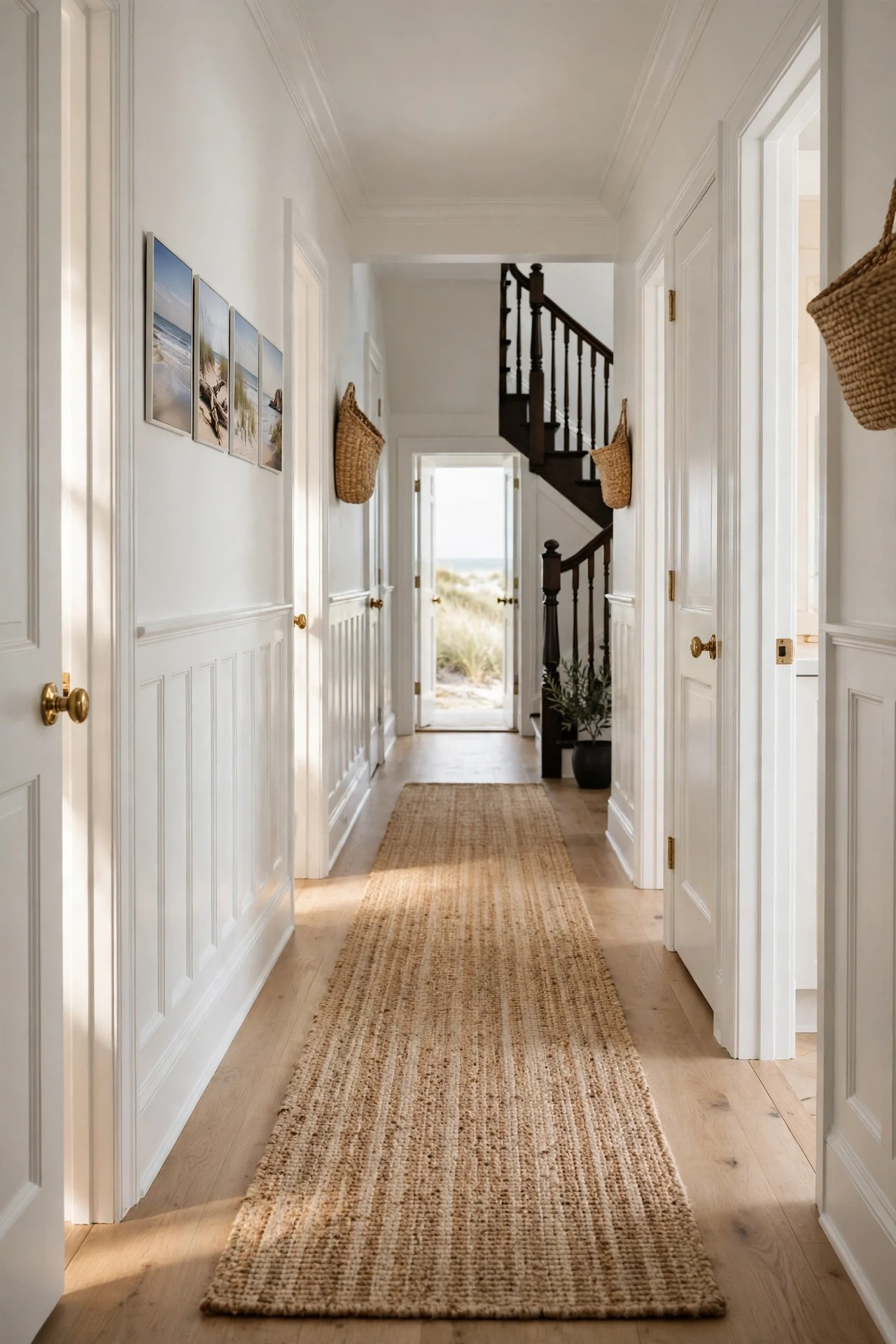 Natural jute runner layered down a hallway with white wainscoted walls