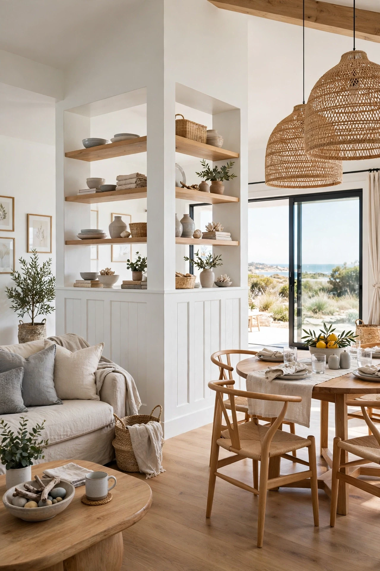 Half-height wainscoted divider wall separating living and dining zones