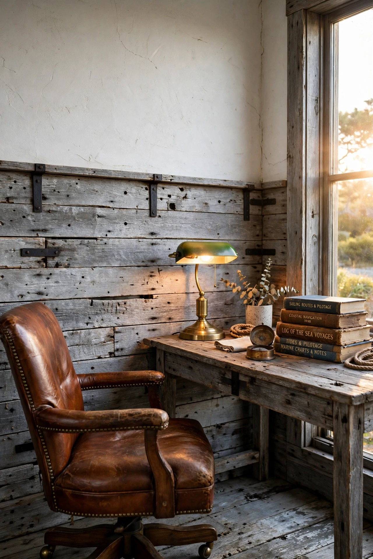 Horizontal reclaimed dock wood planks used as wainscot in a coastal study