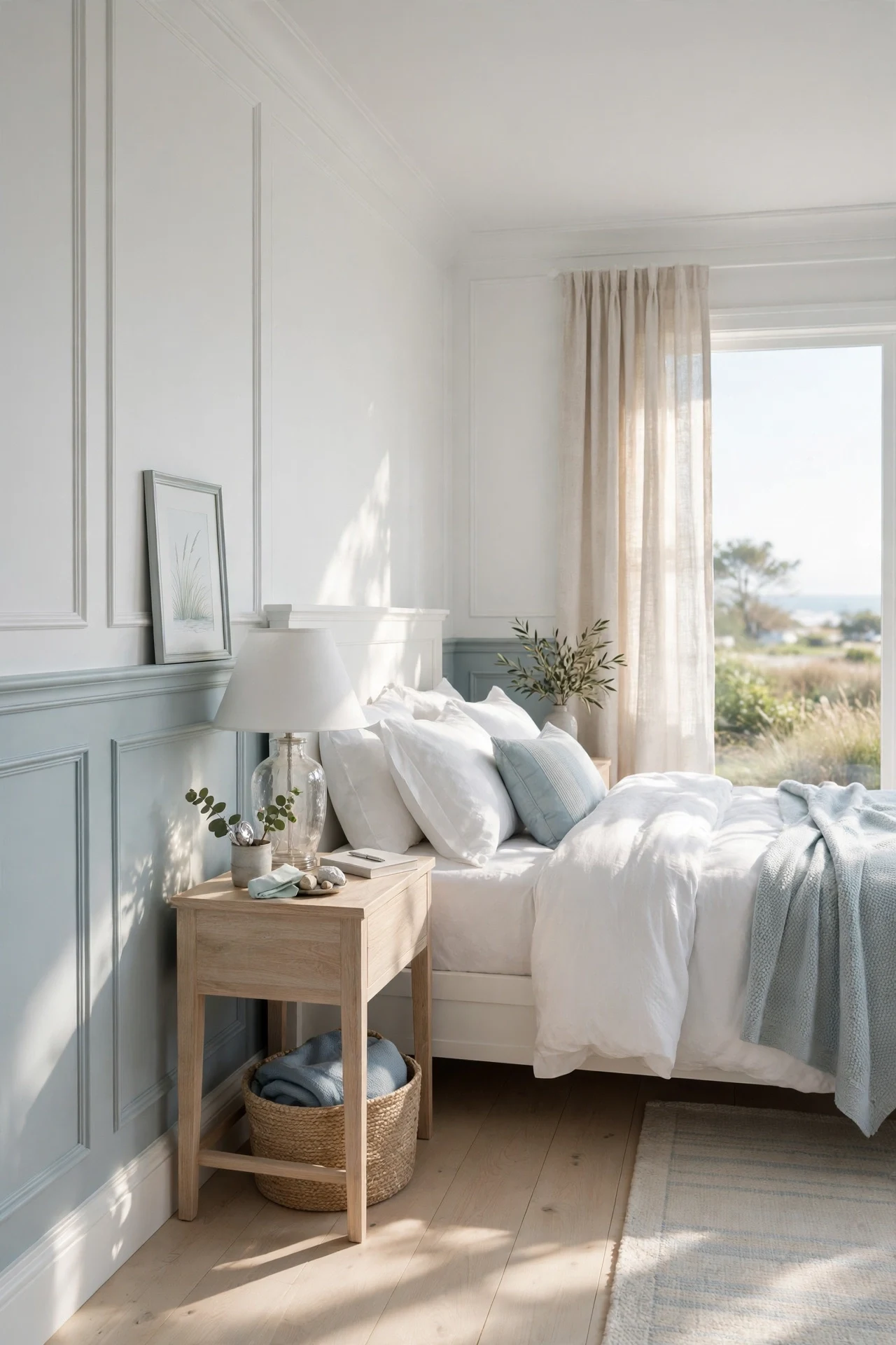 Two-tone wainscot with pale blue-gray panels and white framing in a bedroom